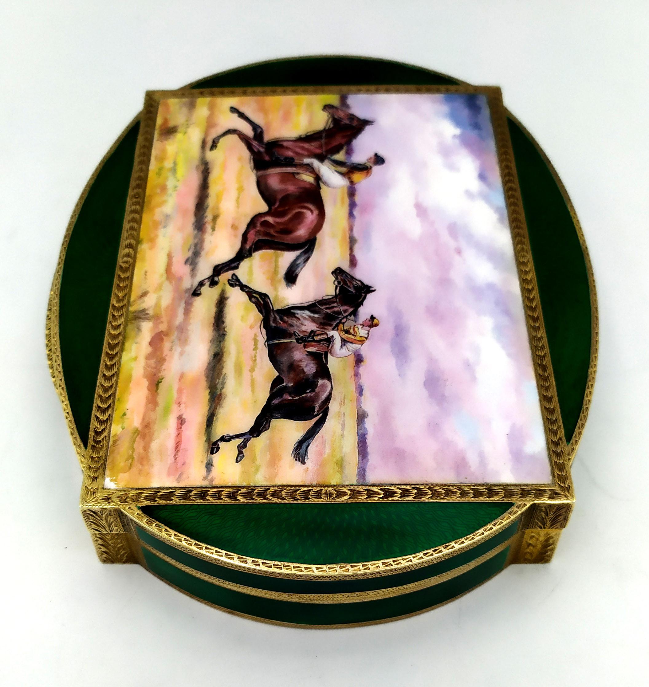 Art Nouveau Box with fired enamels and fine horse racing miniature Salimbeni. For Sale