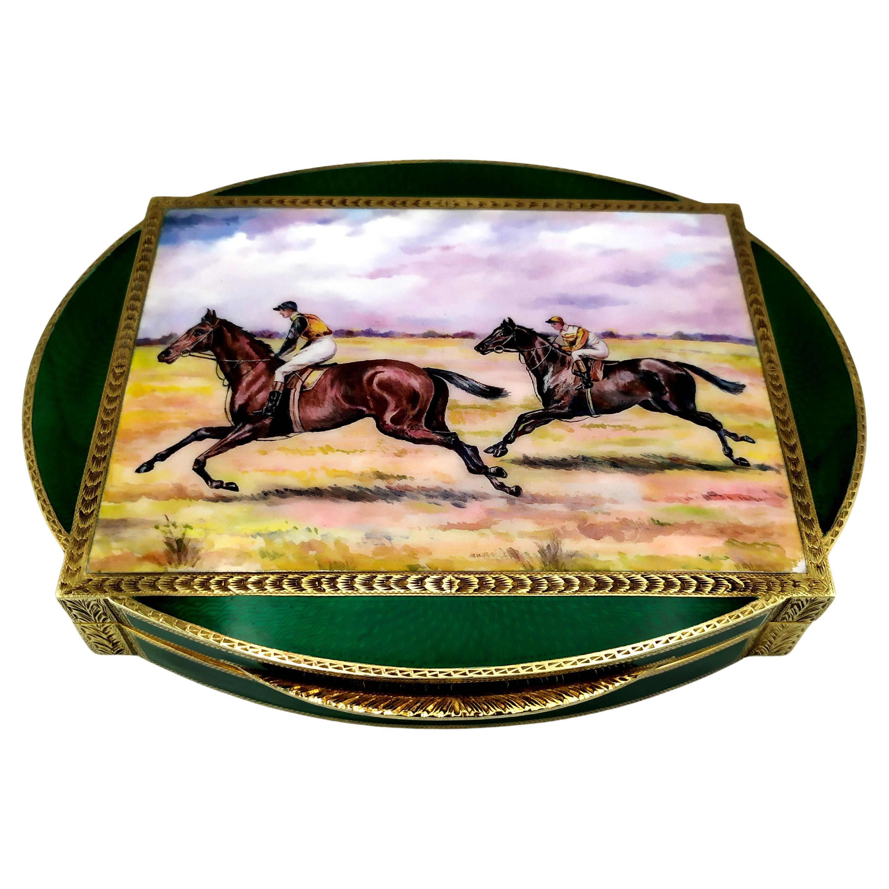 Caja con esmaltes cocidos y fina miniatura de Salimbeni de carreras de caballos.