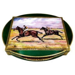 Vintage Box with fired enamels and fine horse racing miniature Salimbeni.