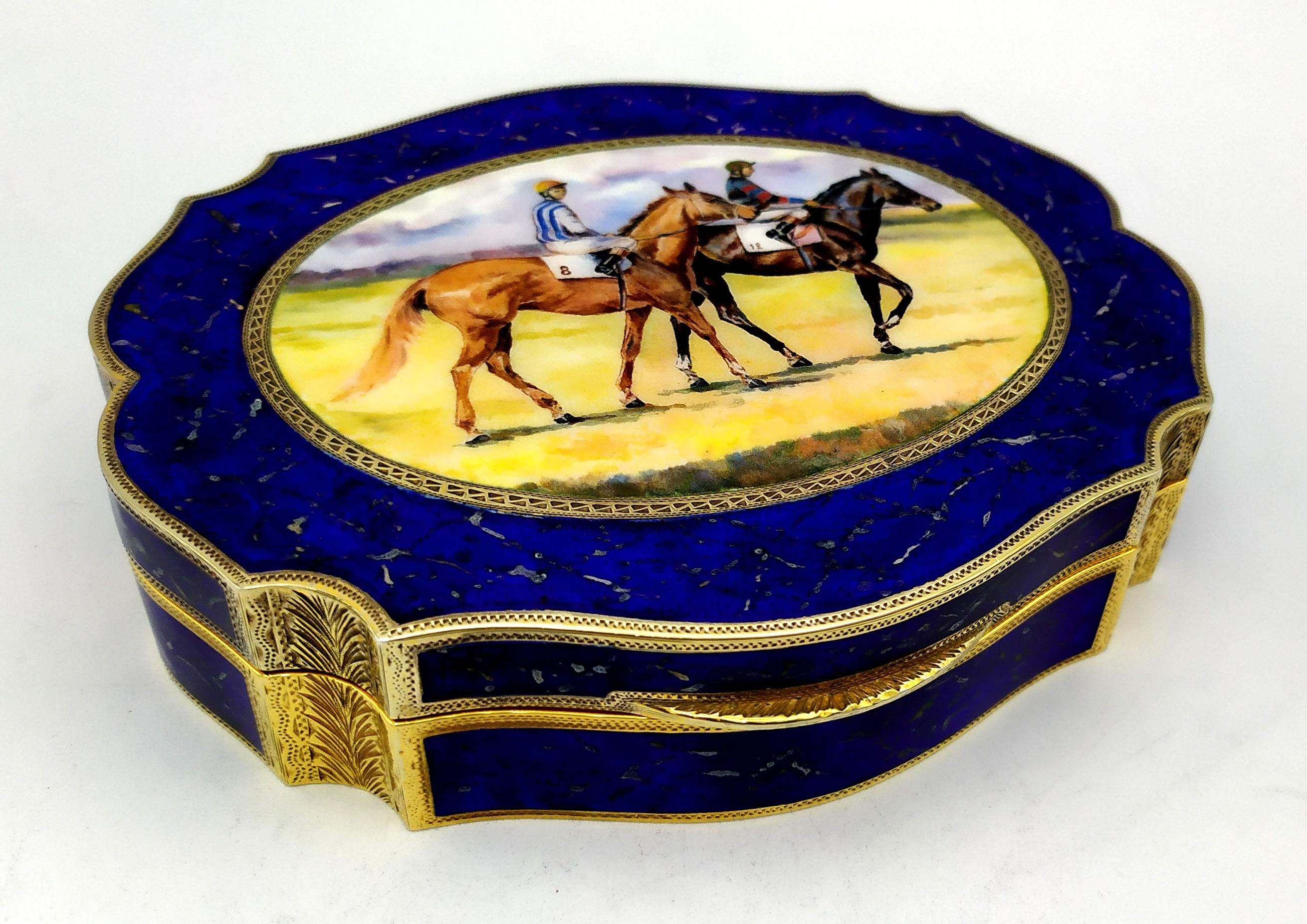 Art Nouveau Box with fired enamels painted like lapis lazuli stone and horse racing Salimben For Sale