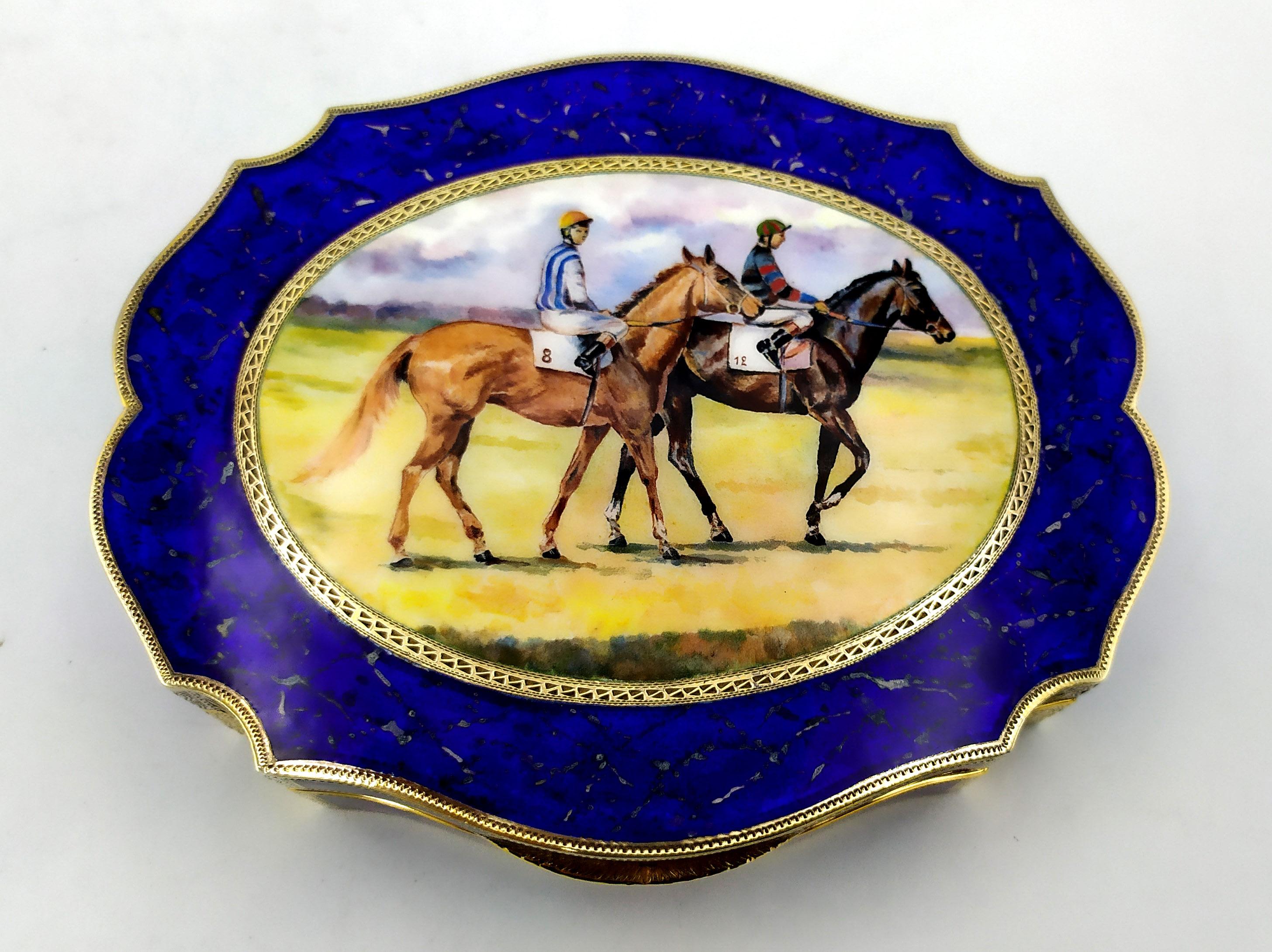 Italian Box with fired enamels painted like lapis lazuli stone and horse racing Salimben For Sale