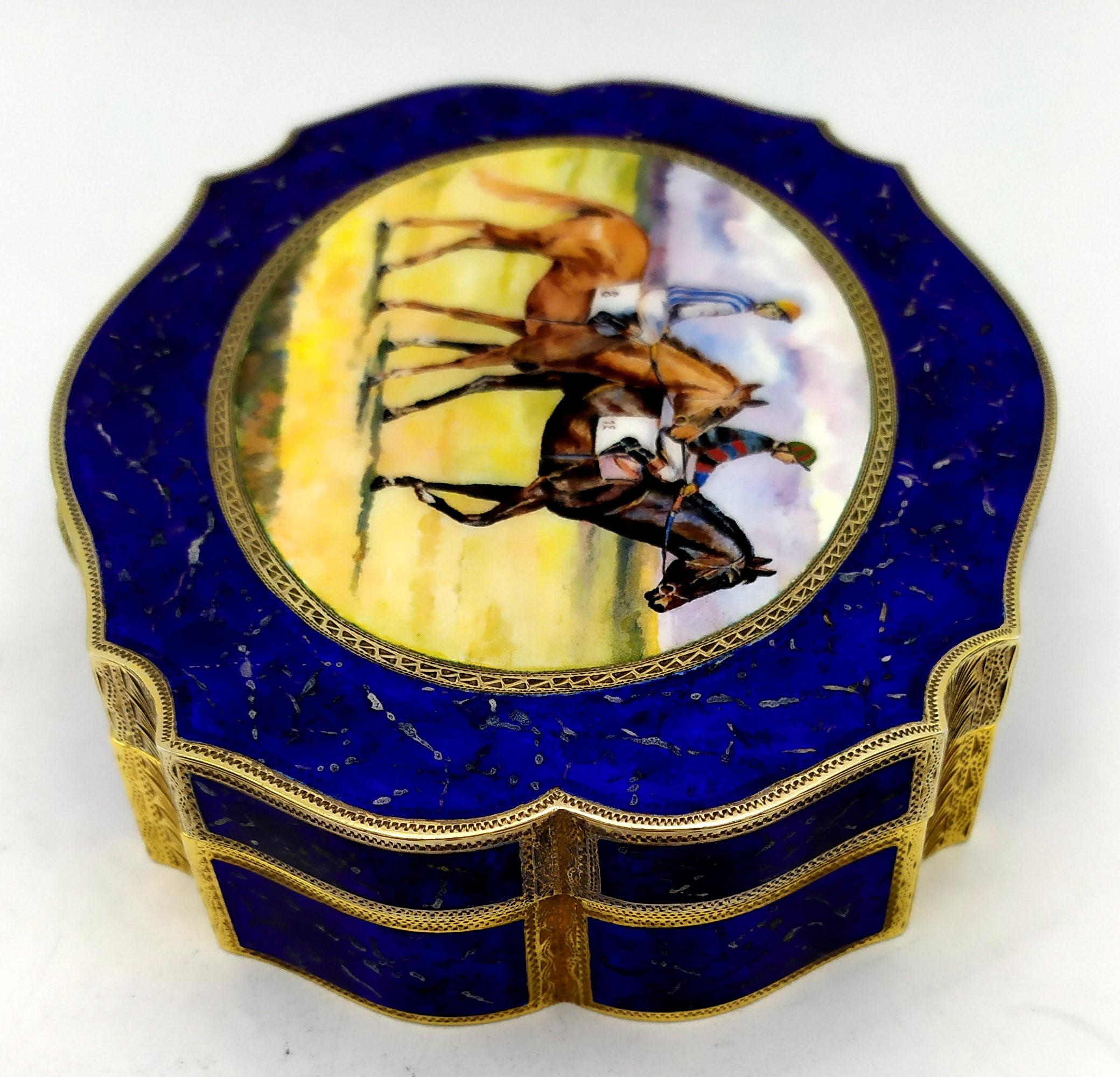 Enameled Box with fired enamels painted like lapis lazuli stone and horse racing Salimben For Sale
