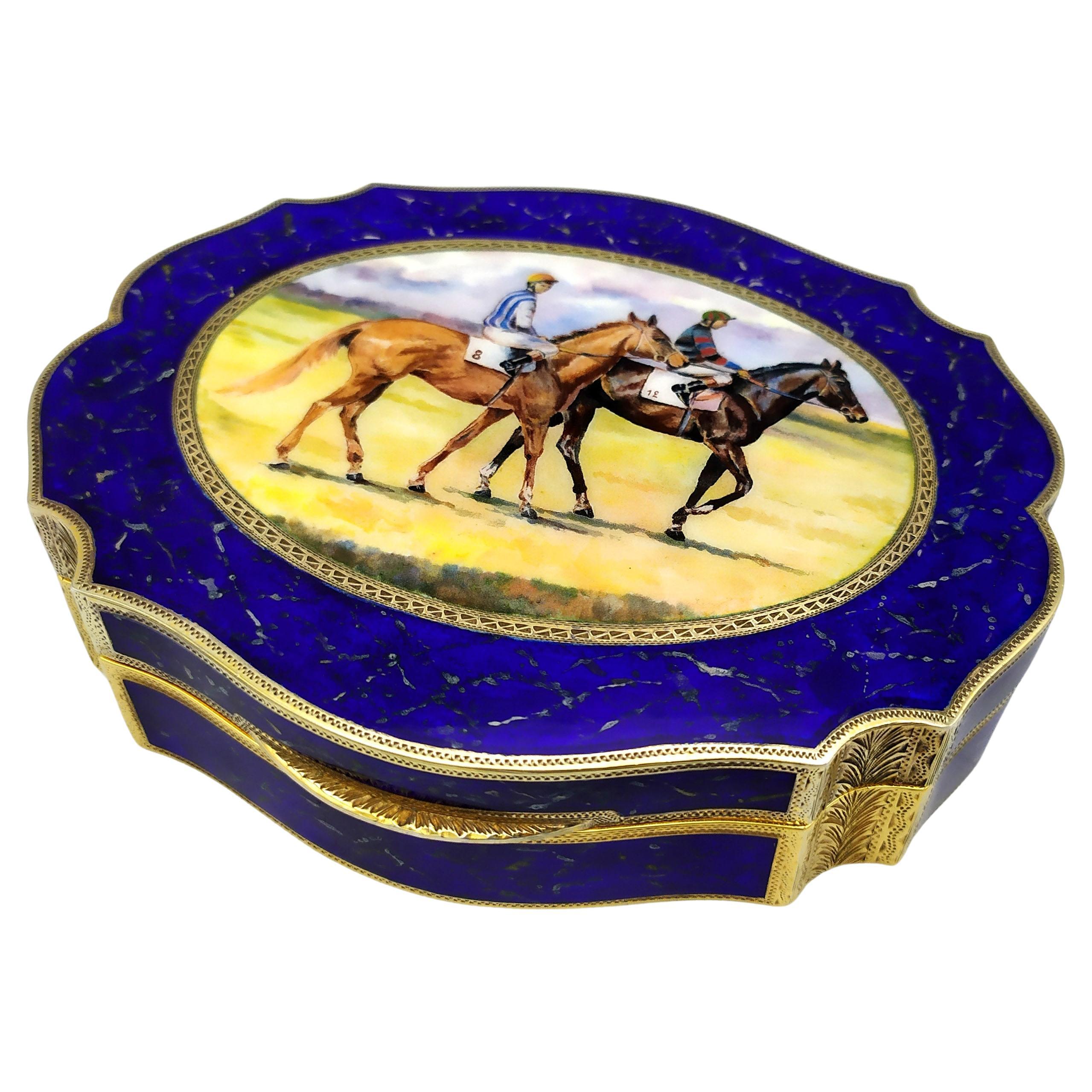 Box with fired enamels painted like lapis lazuli stone and horse racing Salimben For Sale