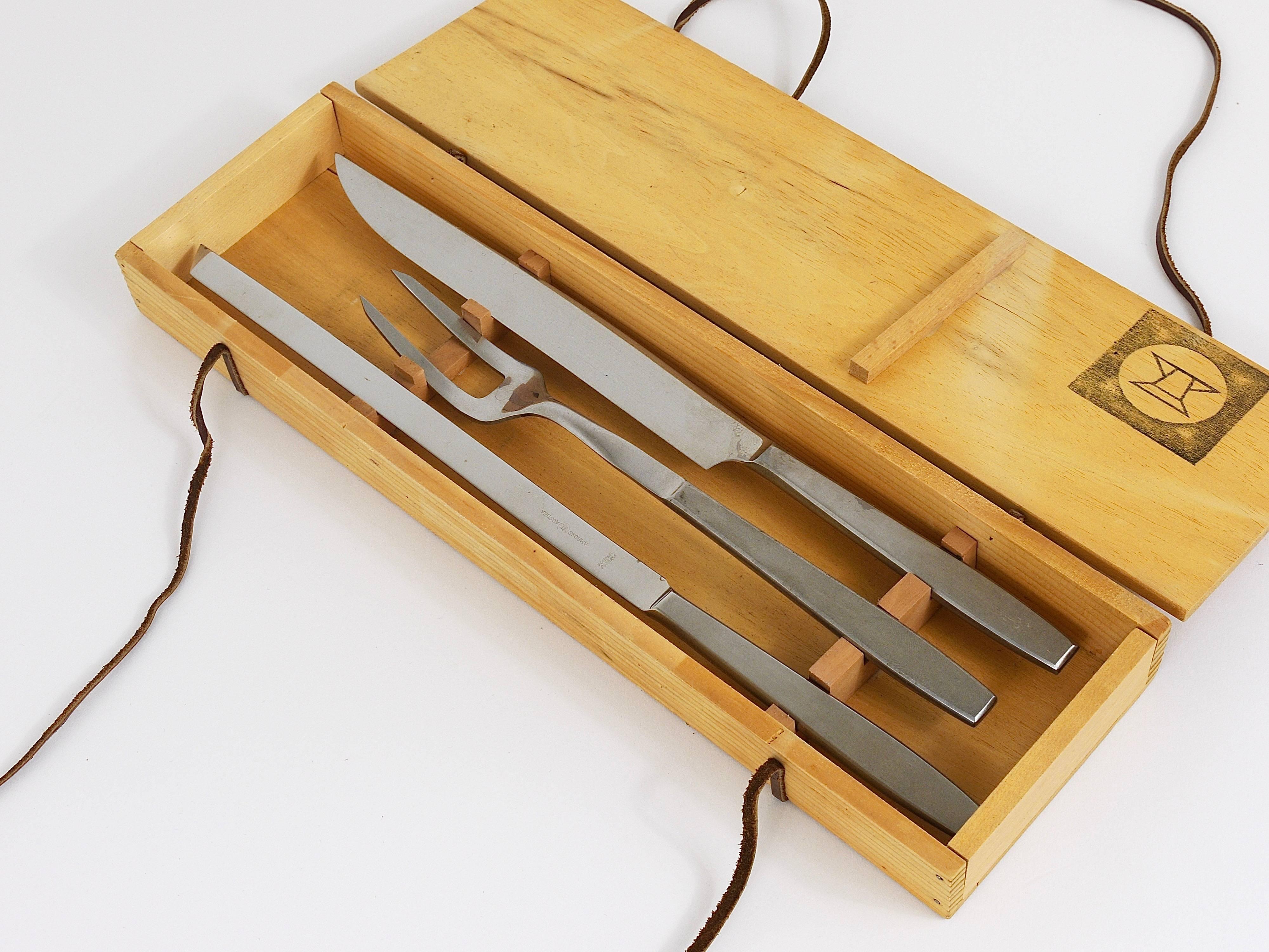 Mid-Century Modern Boxed Amboss 2050 Carving Knives and Fork by Helmut Alder, Austria, 1950s For Sale