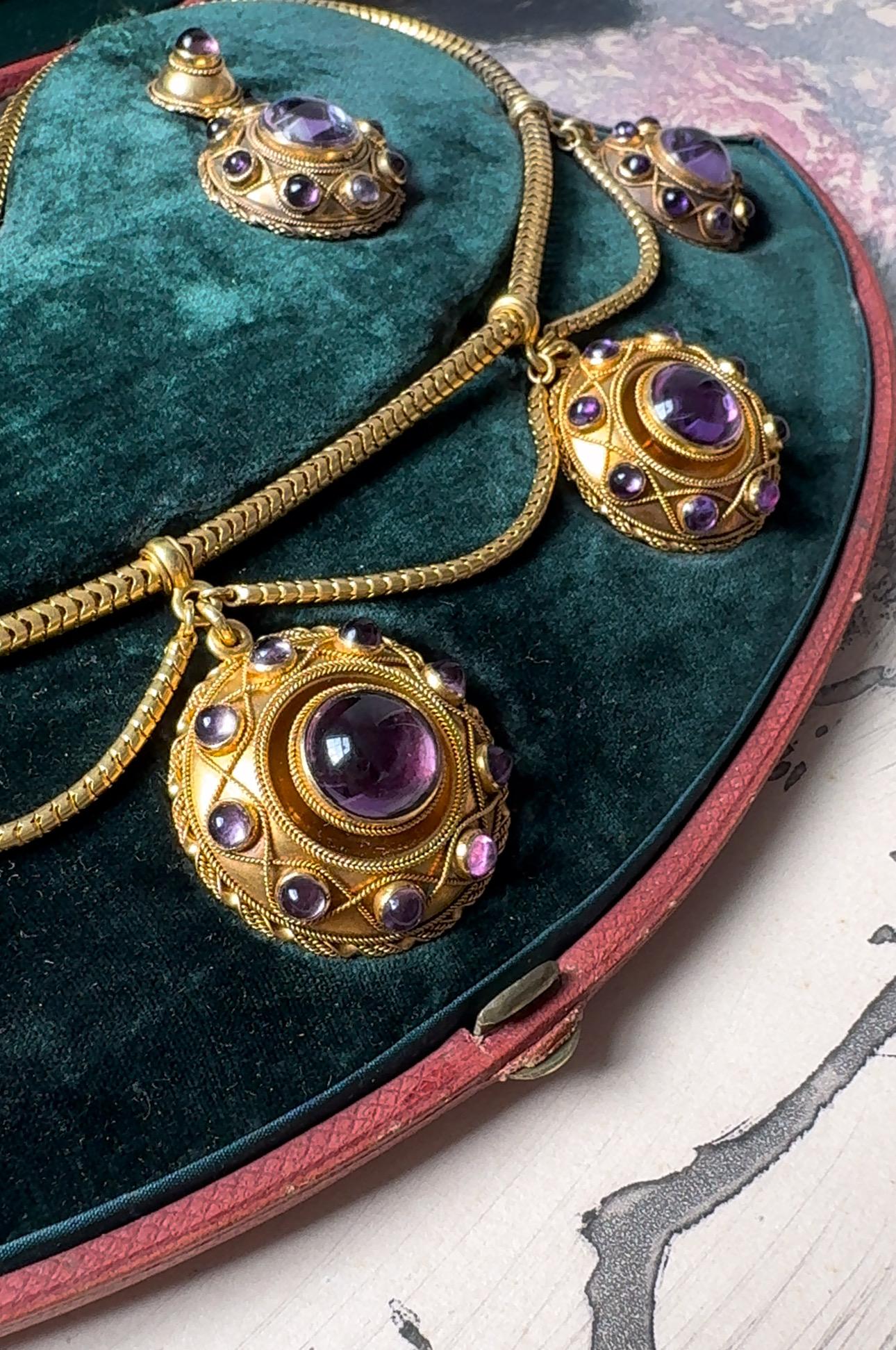 Boxed Antique Etruscan Revival Demi-Parure with Amethyst Collar and Earrings For Sale 1
