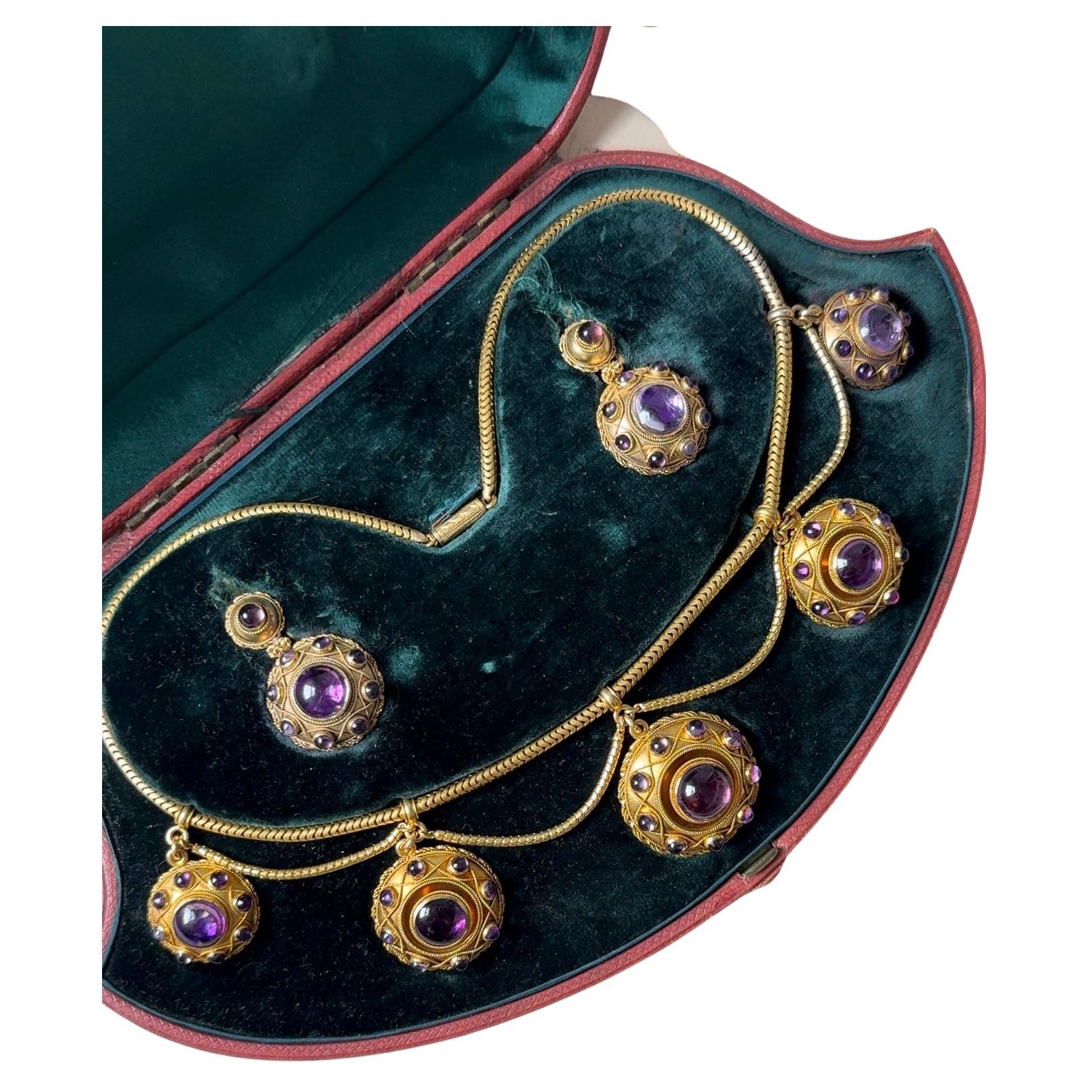 Boxed Antique Etruscan Revival Demi-Parure with Amethyst Collar and Earrings For Sale