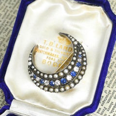 Boxed Antique Sapphire, Diamond & Pearl Crescent Brooch in 15k Gold, Circa 1880
