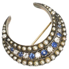 Boxed Antique Sapphire, Diamond & Pearl Crescent Brooch in 15k Gold, Circa 1880