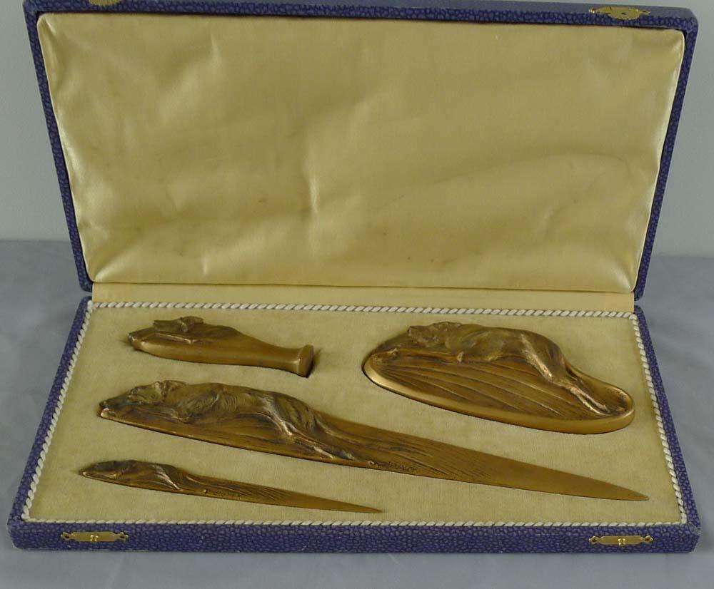 Boxed Bronze Greyhound Desk Set Signed Boyer In Good Condition For Sale In London, GB