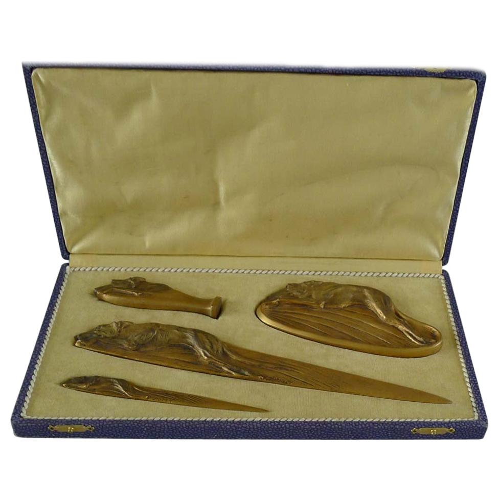 Boxed Bronze Greyhound Desk Set Signed Boyer