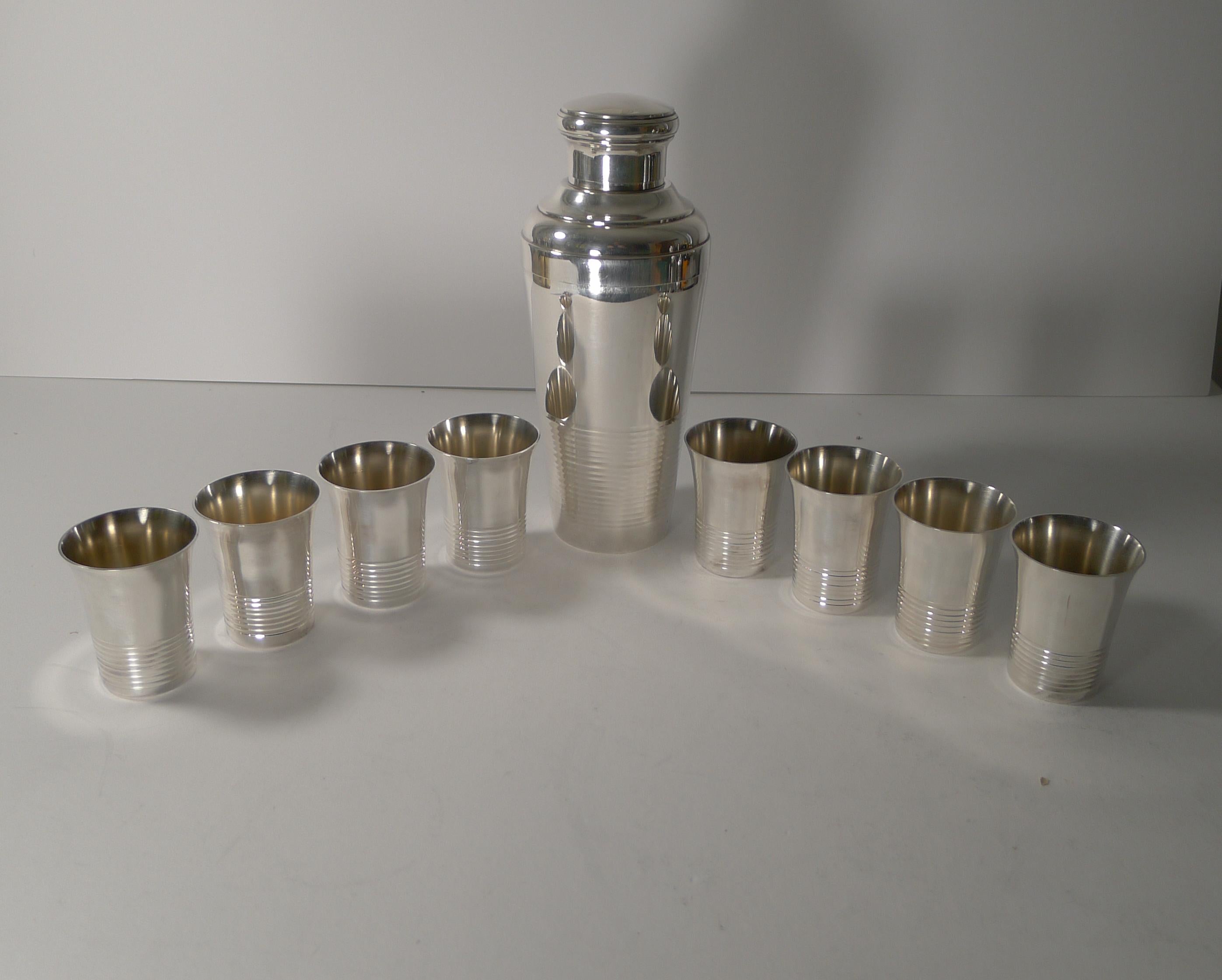 Boxed French Art Deco Silver Plated Cocktail Shaker / Set 6