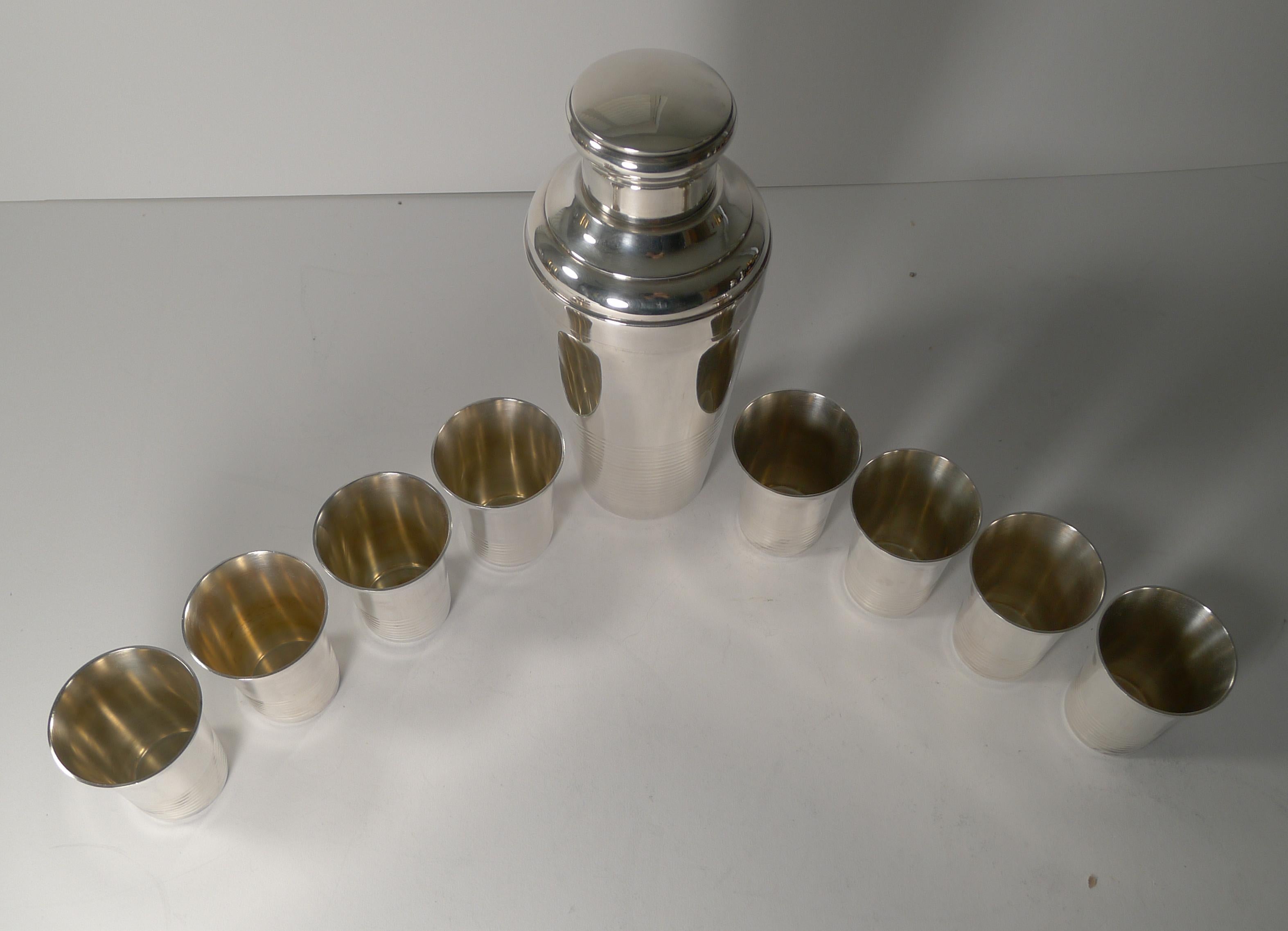 Boxed French Art Deco Silver Plated Cocktail Shaker / Set 7