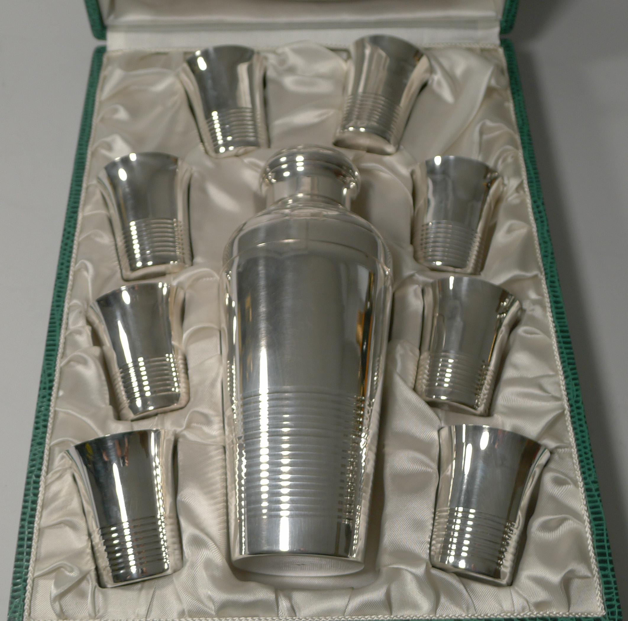 Boxed French Art Deco Silver Plated Cocktail Shaker / Set 8
