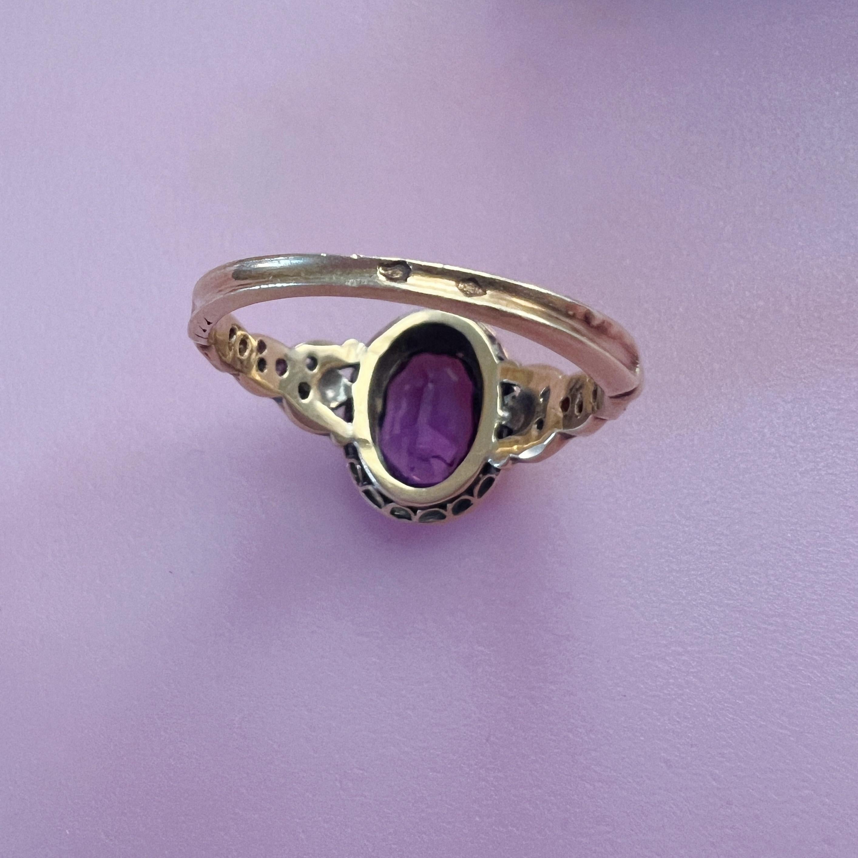 Boxed French Victorian 18K gold amethyst diamond halo ring 5