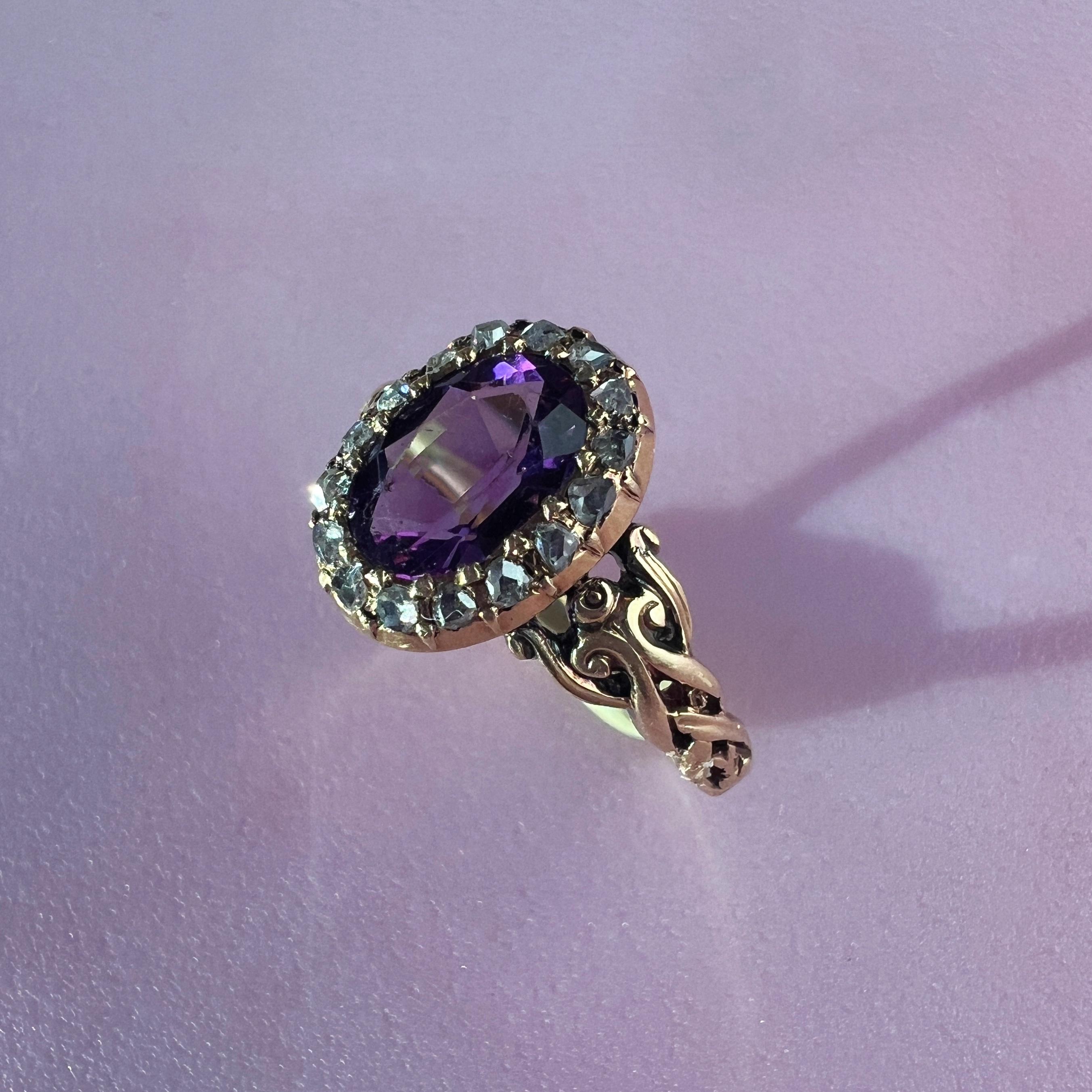 French Cut Boxed French Victorian 18K gold amethyst diamond halo ring