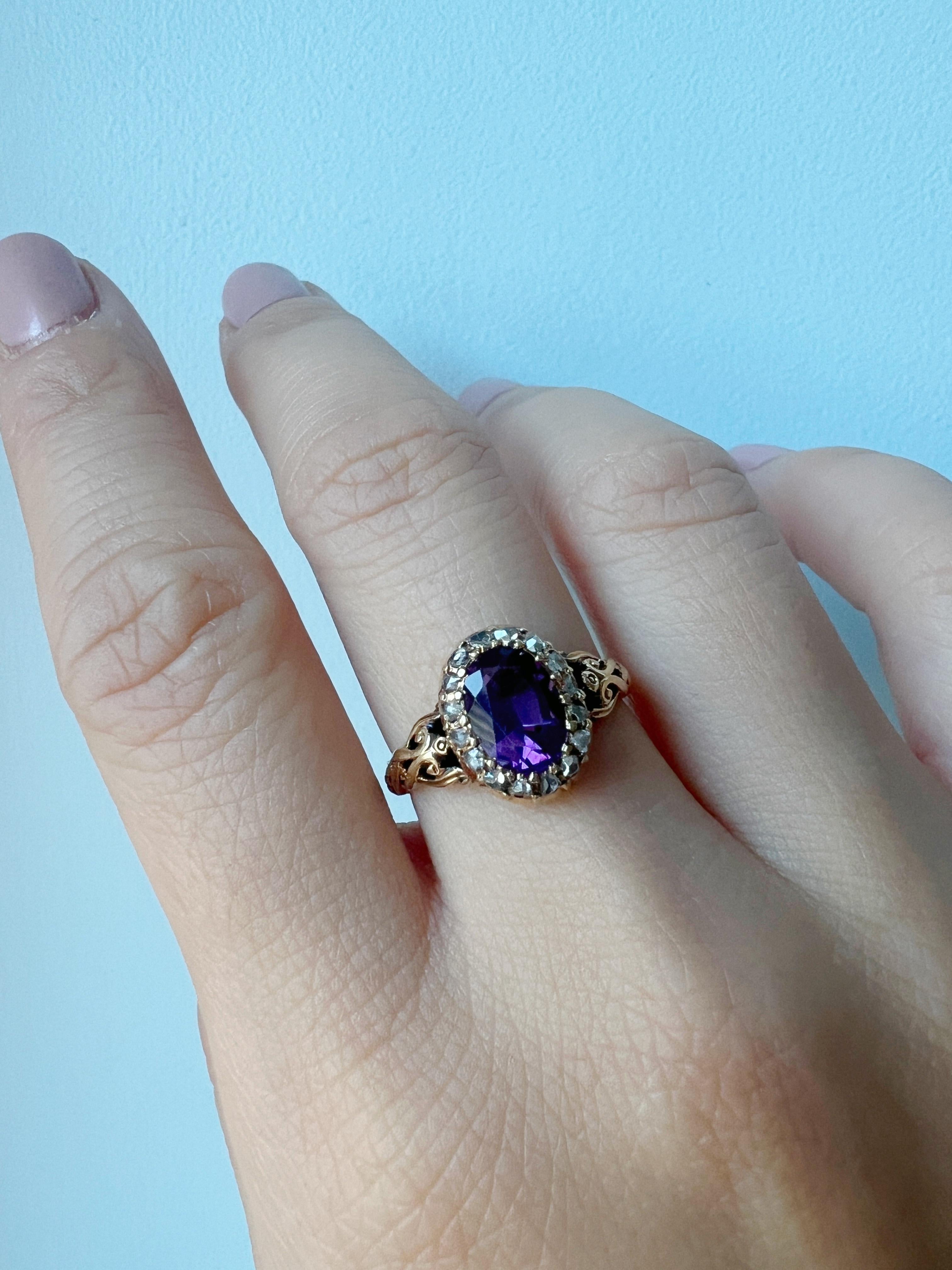 Women's Boxed French Victorian 18K gold amethyst diamond halo ring