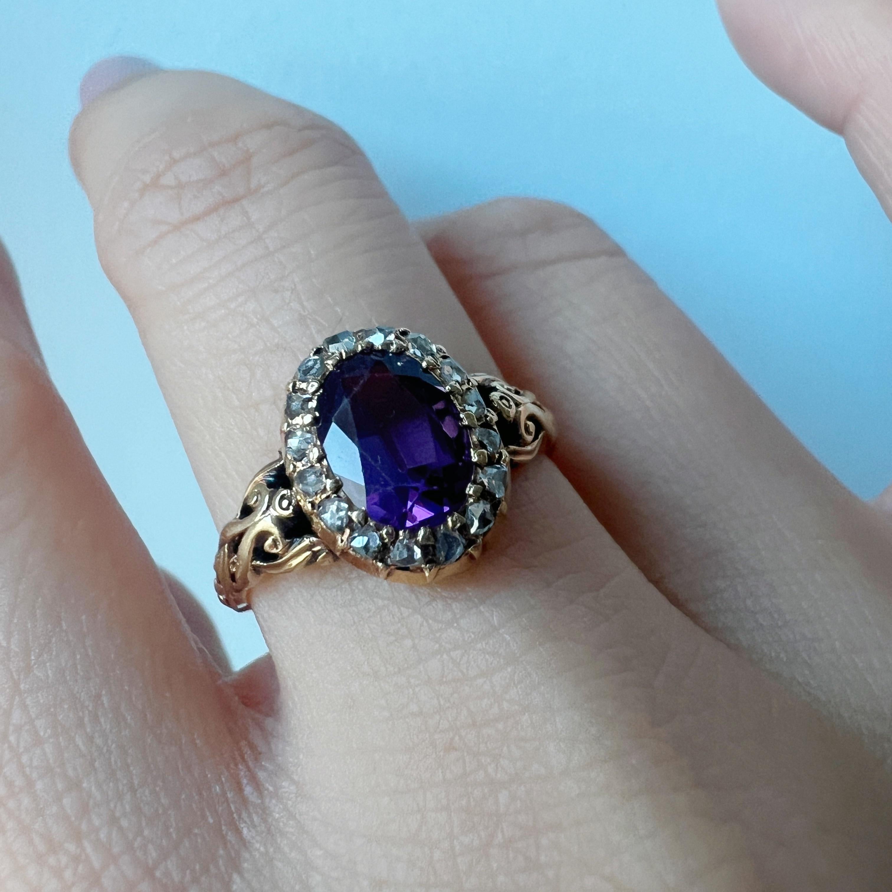 Boxed French Victorian 18K gold amethyst diamond halo ring 1