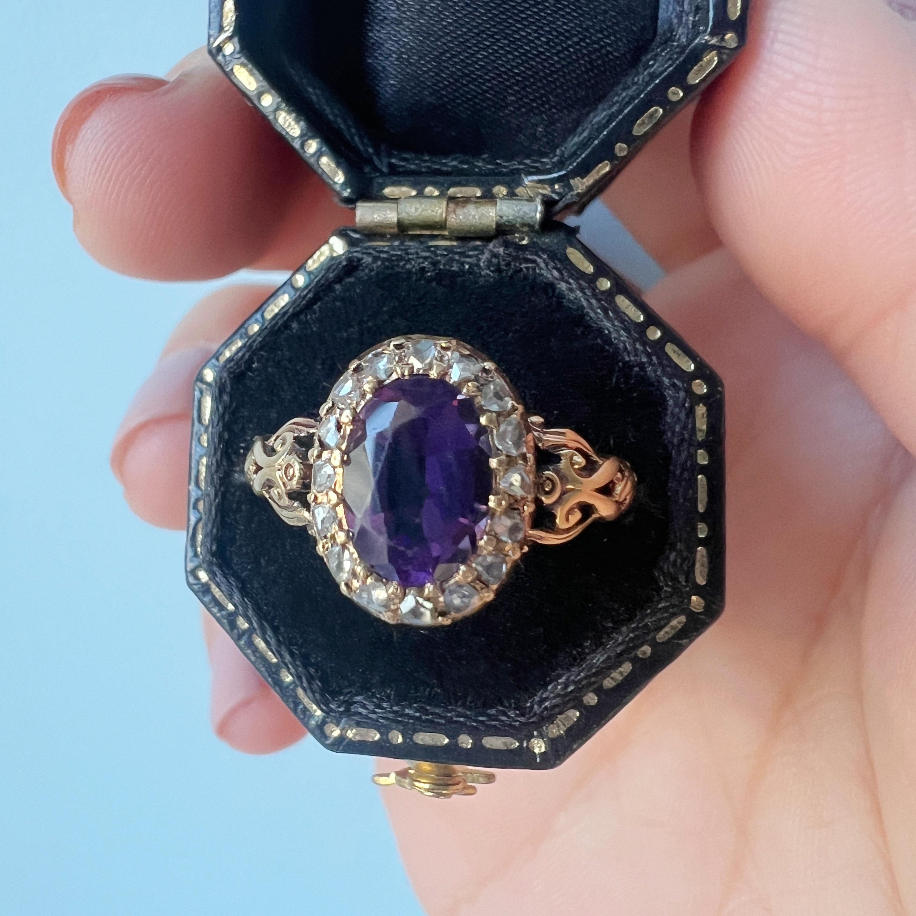 Boxed French Victorian 18K gold amethyst diamond halo ring 3