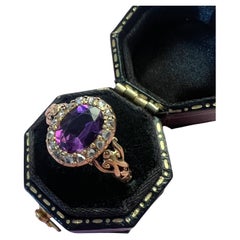 Boxed French Victorian 18K gold amethyst diamond halo ring
