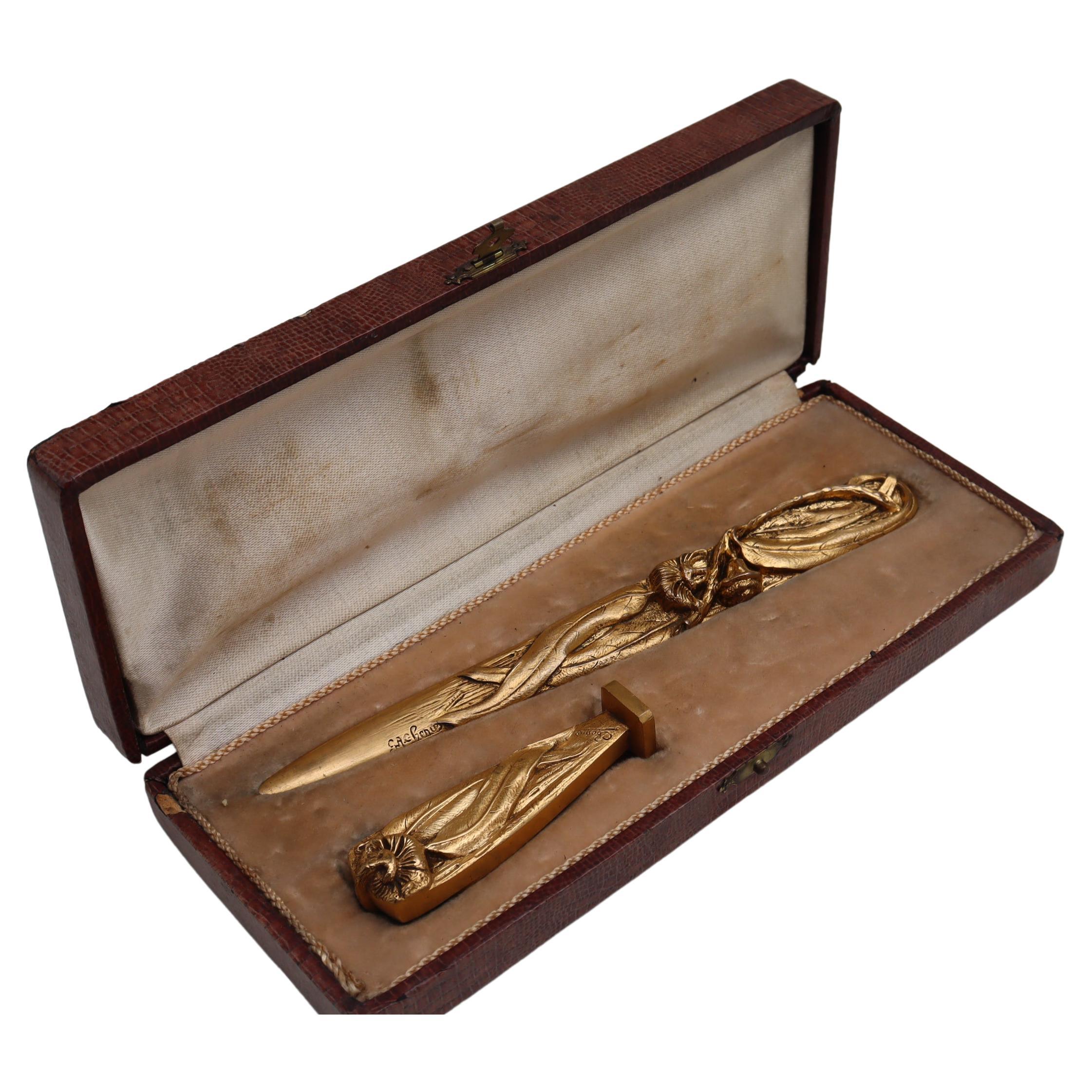 Boxed Gilt Bronze Letter Opener and Seal by G A Chenus For Sale