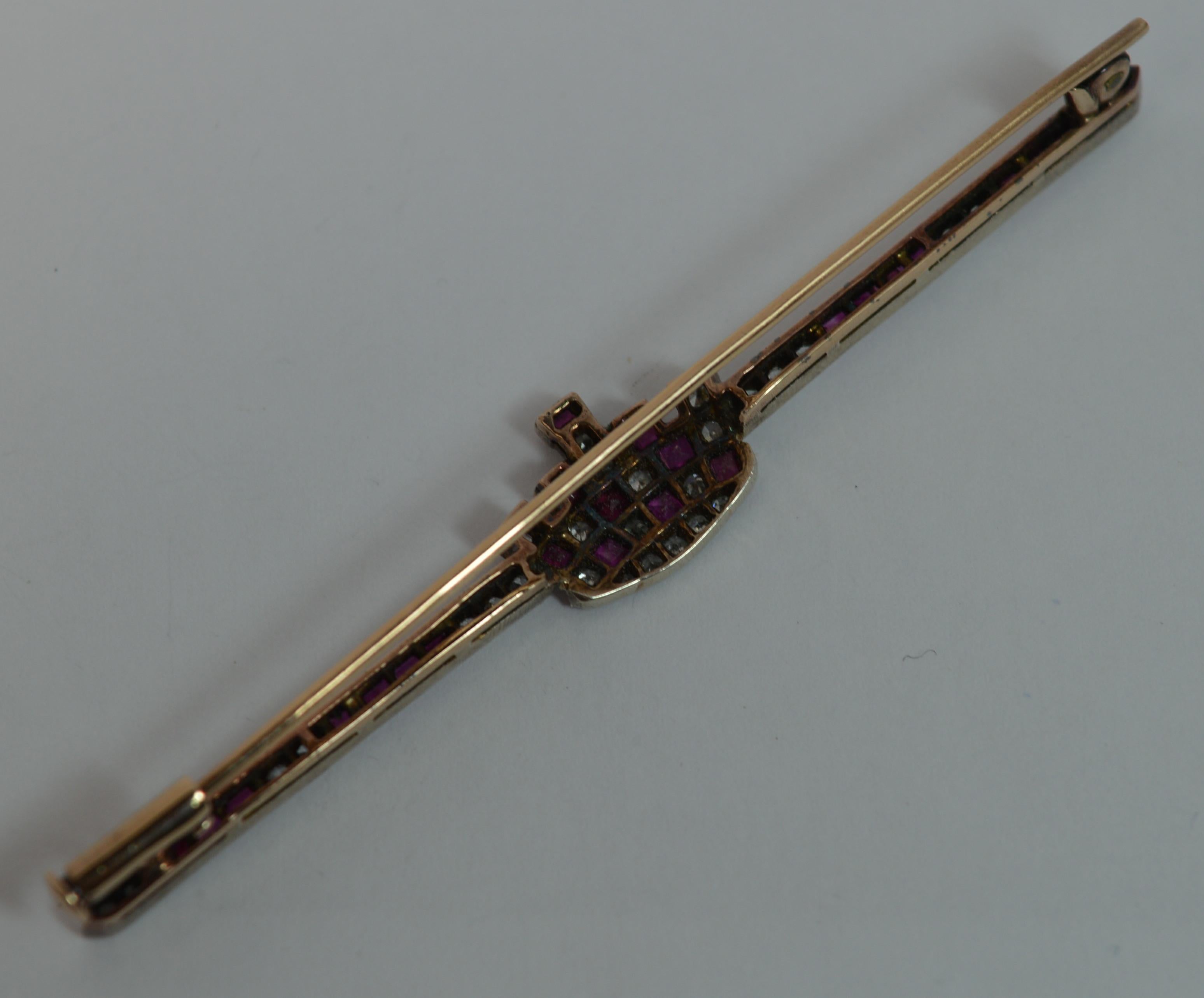 Boxed Large Victorian 15 Carat Gold Ruby and Diamond Crown Bar Brooch 8