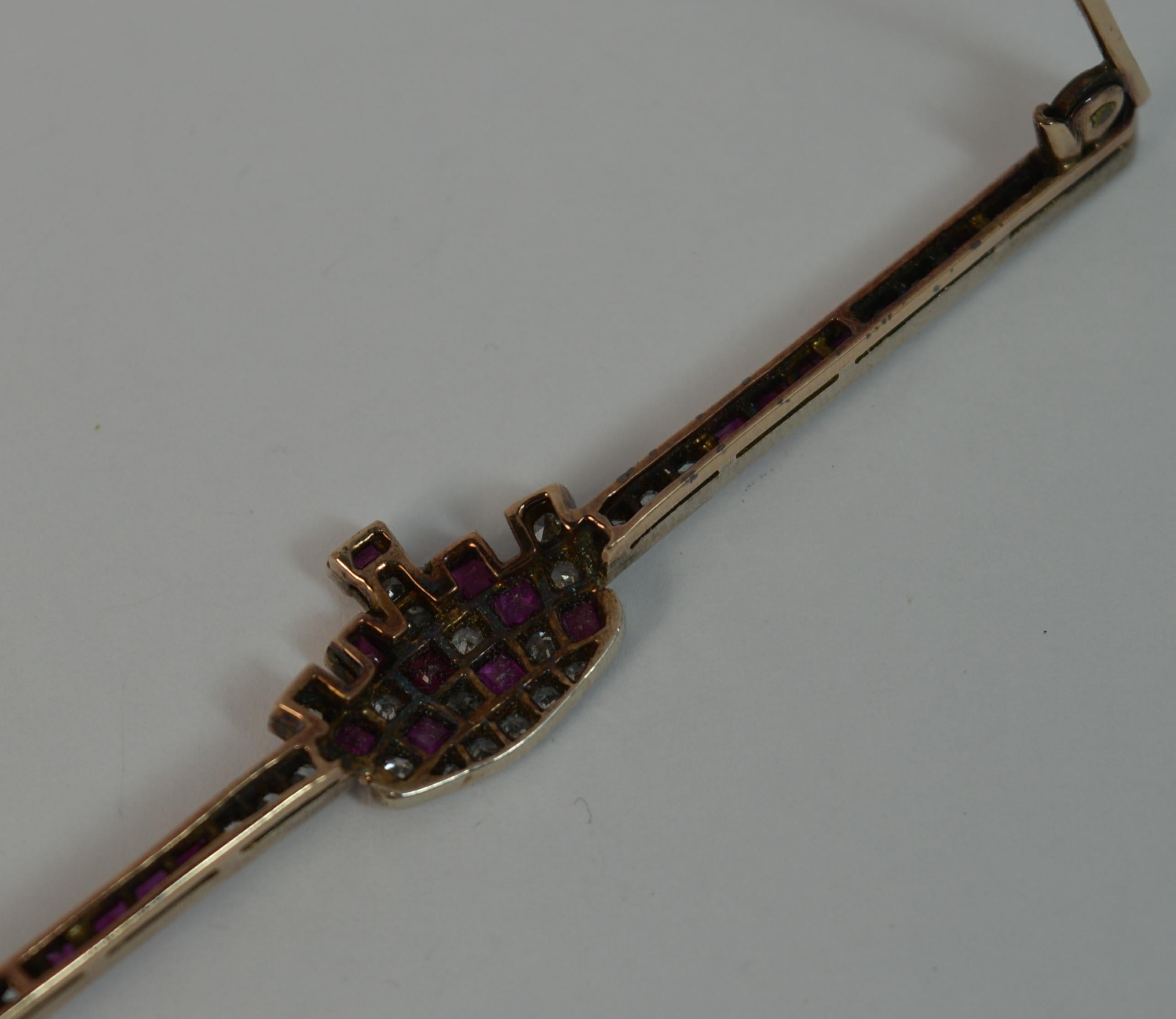 Boxed Large Victorian 15 Carat Gold Ruby and Diamond Crown Bar Brooch 10