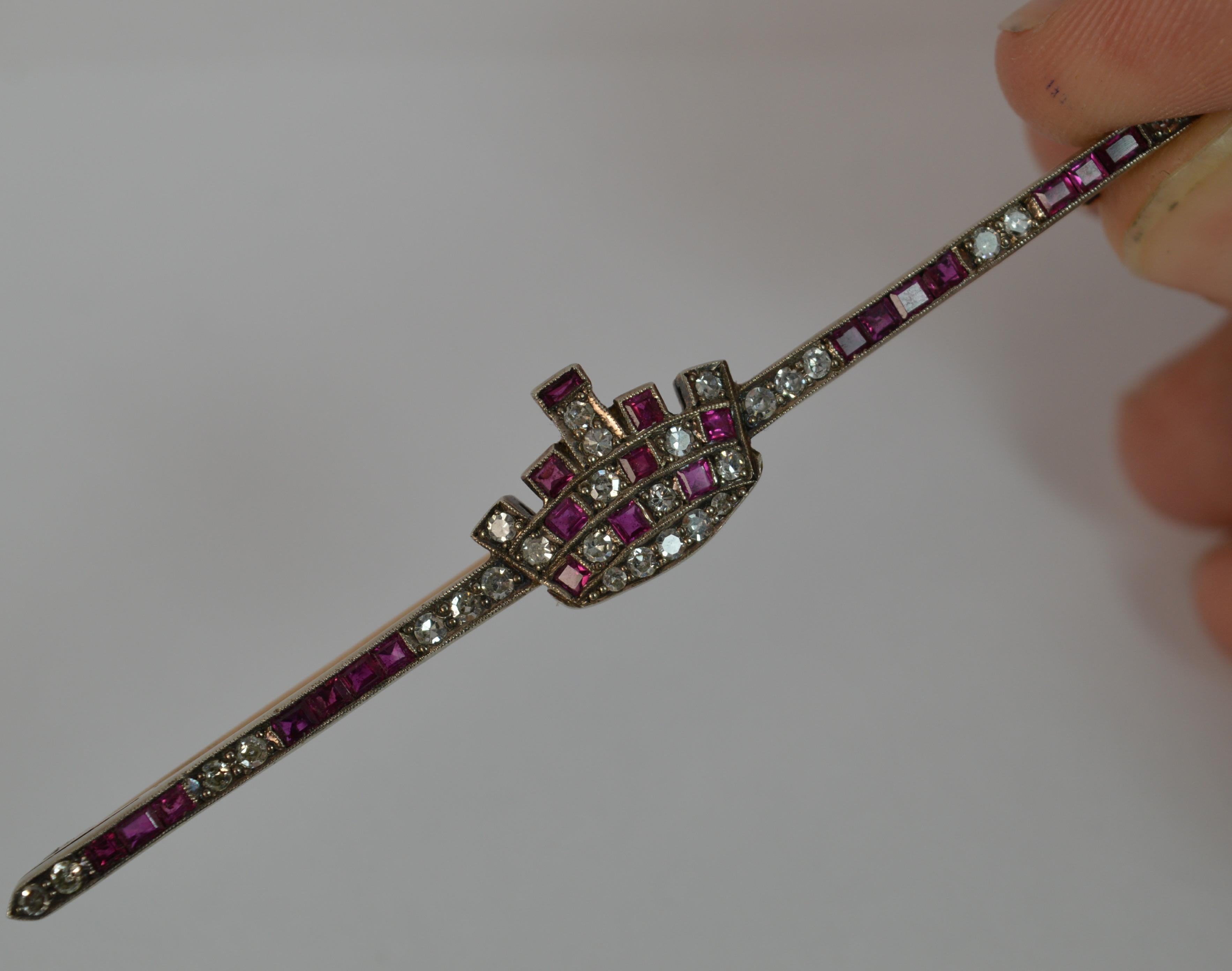 Boxed Large Victorian 15 Carat Gold Ruby and Diamond Crown Bar Brooch 11