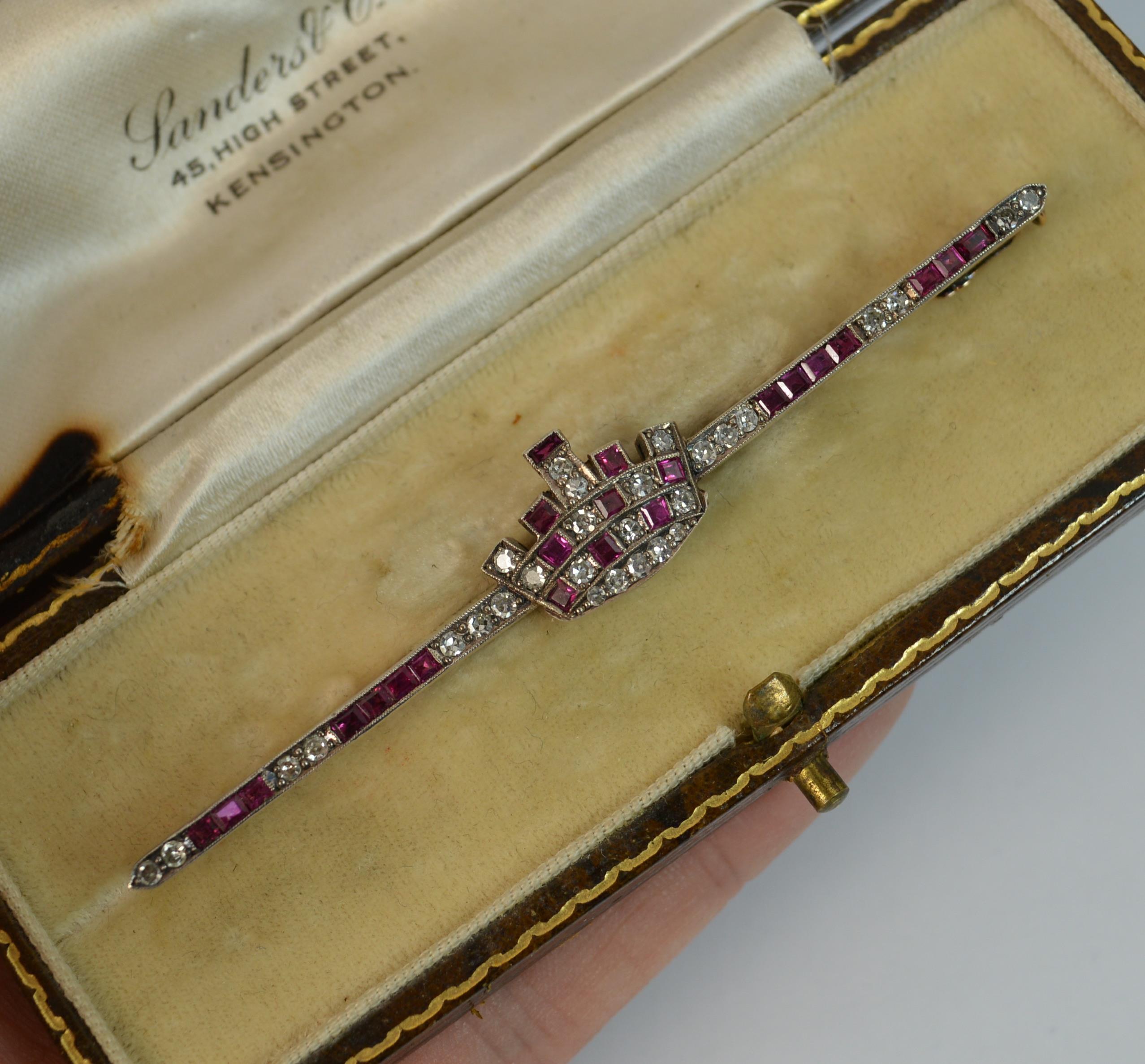 Boxed Large Victorian 15 Carat Gold Ruby and Diamond Crown Bar Brooch 12