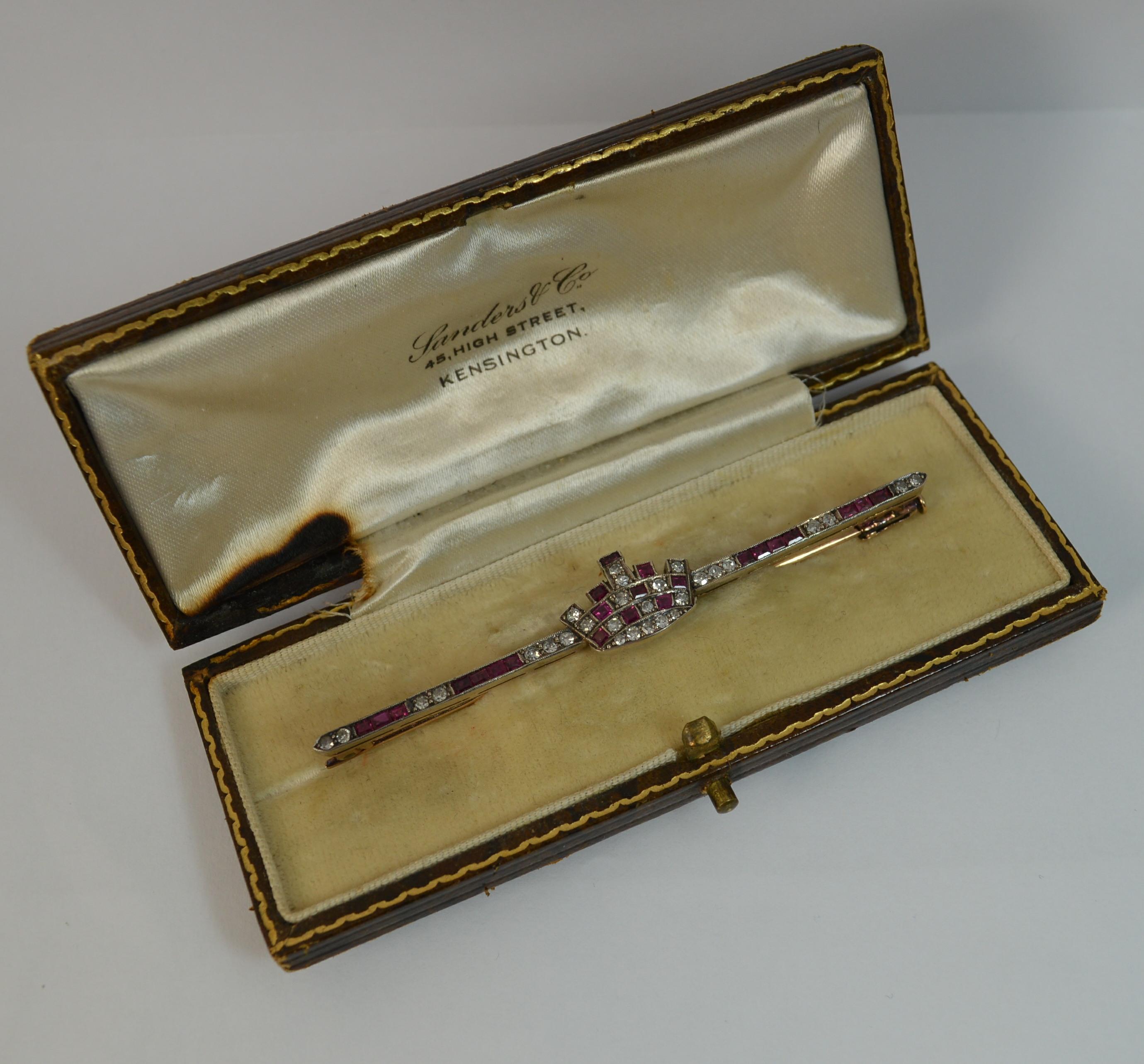 Boxed Large Victorian 15 Carat Gold Ruby and Diamond Crown Bar Brooch In Good Condition In St Helens, GB