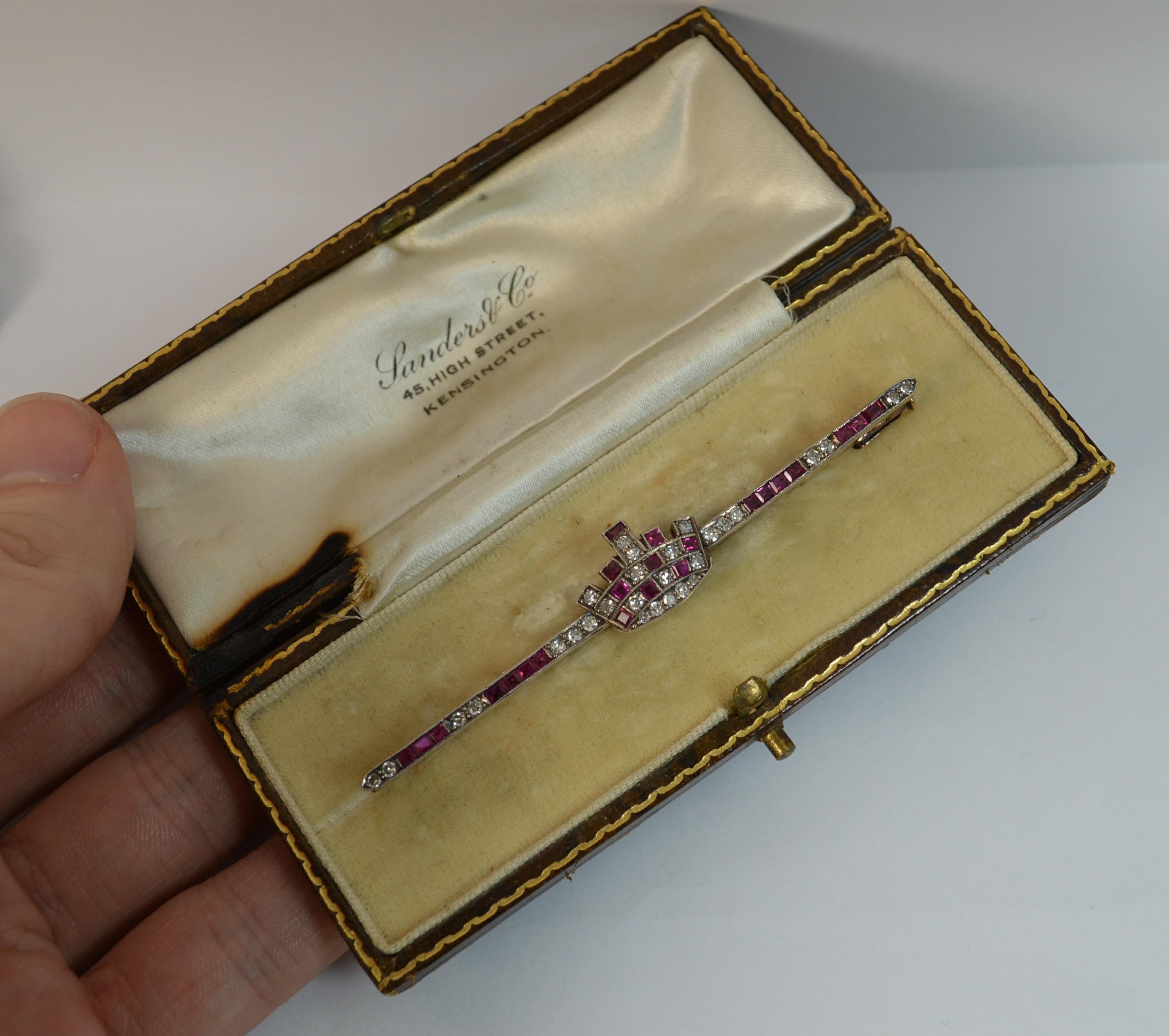 Women's Boxed Large Victorian 15 Carat Gold Ruby and Diamond Crown Bar Brooch