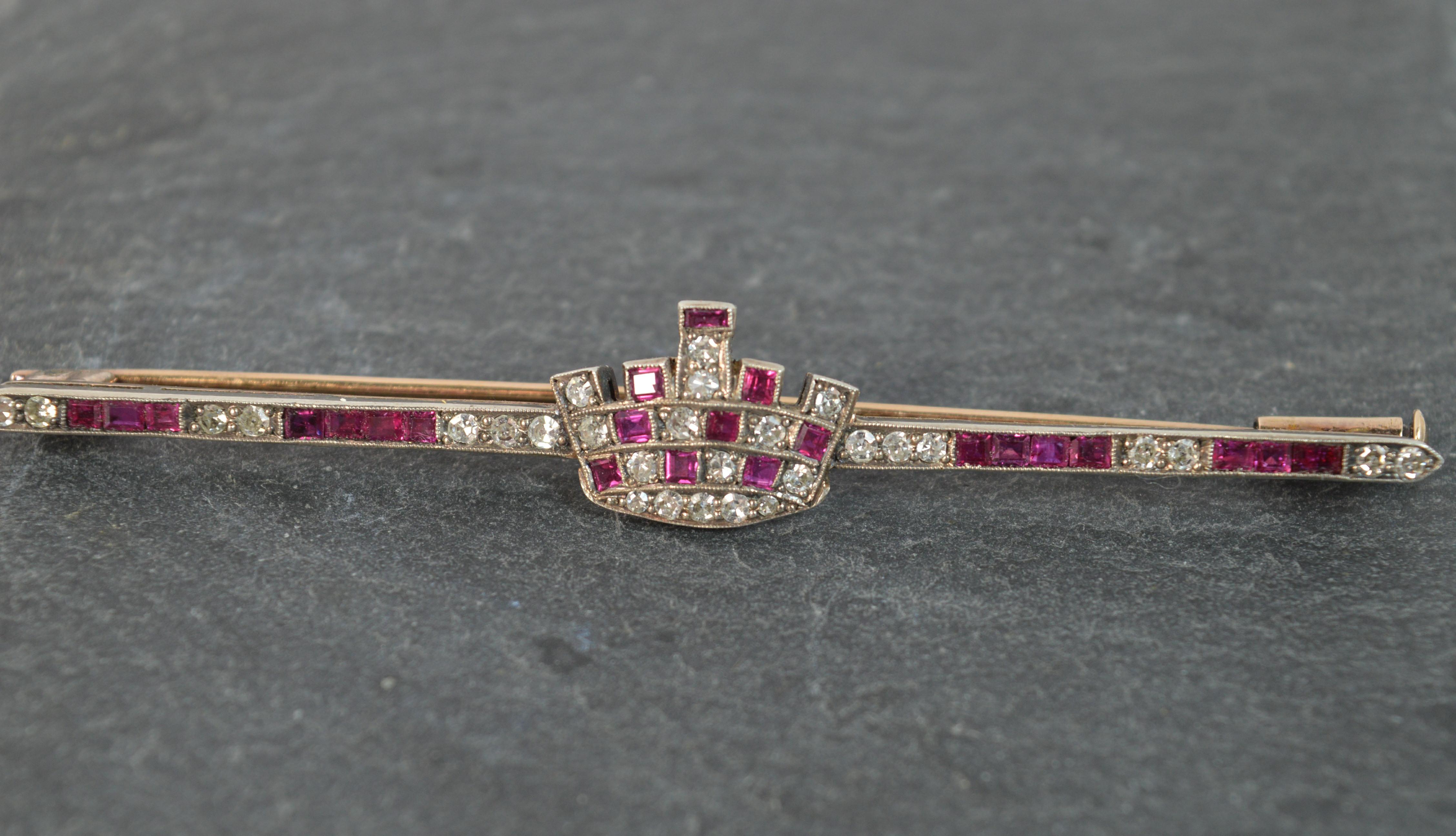 Boxed Large Victorian 15 Carat Gold Ruby and Diamond Crown Bar Brooch 1