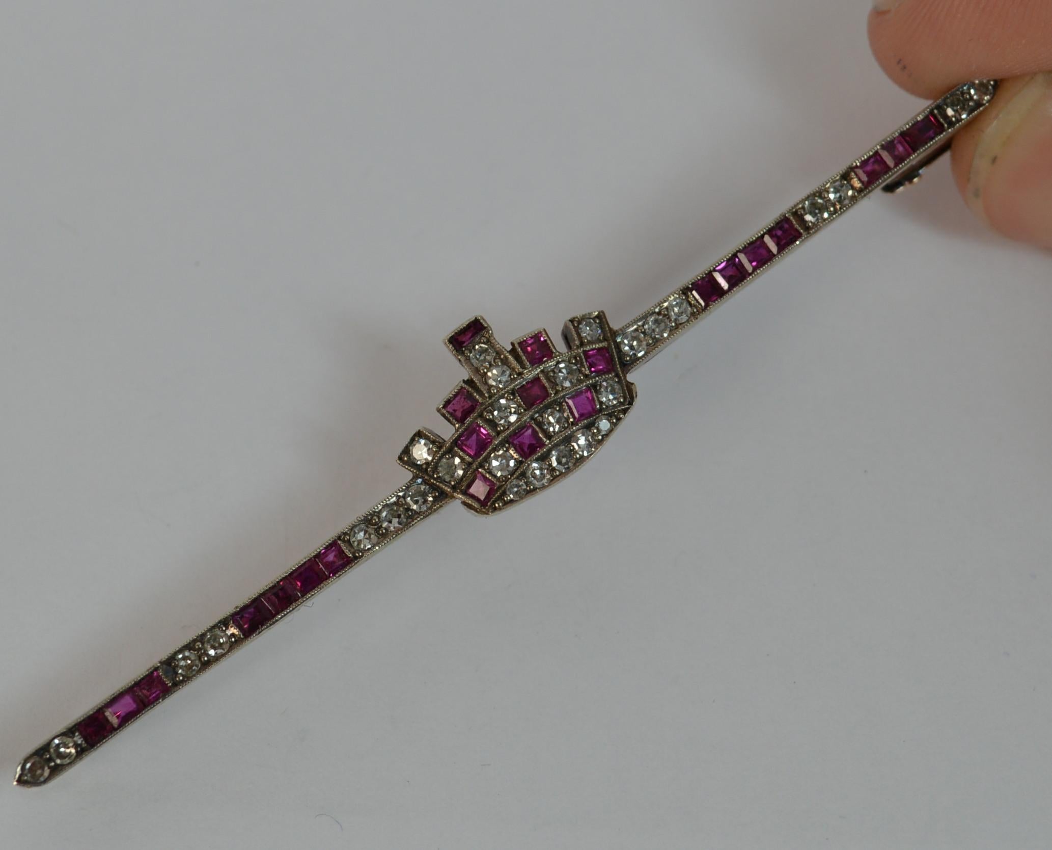 Boxed Large Victorian 15 Carat Gold Ruby and Diamond Crown Bar Brooch 2