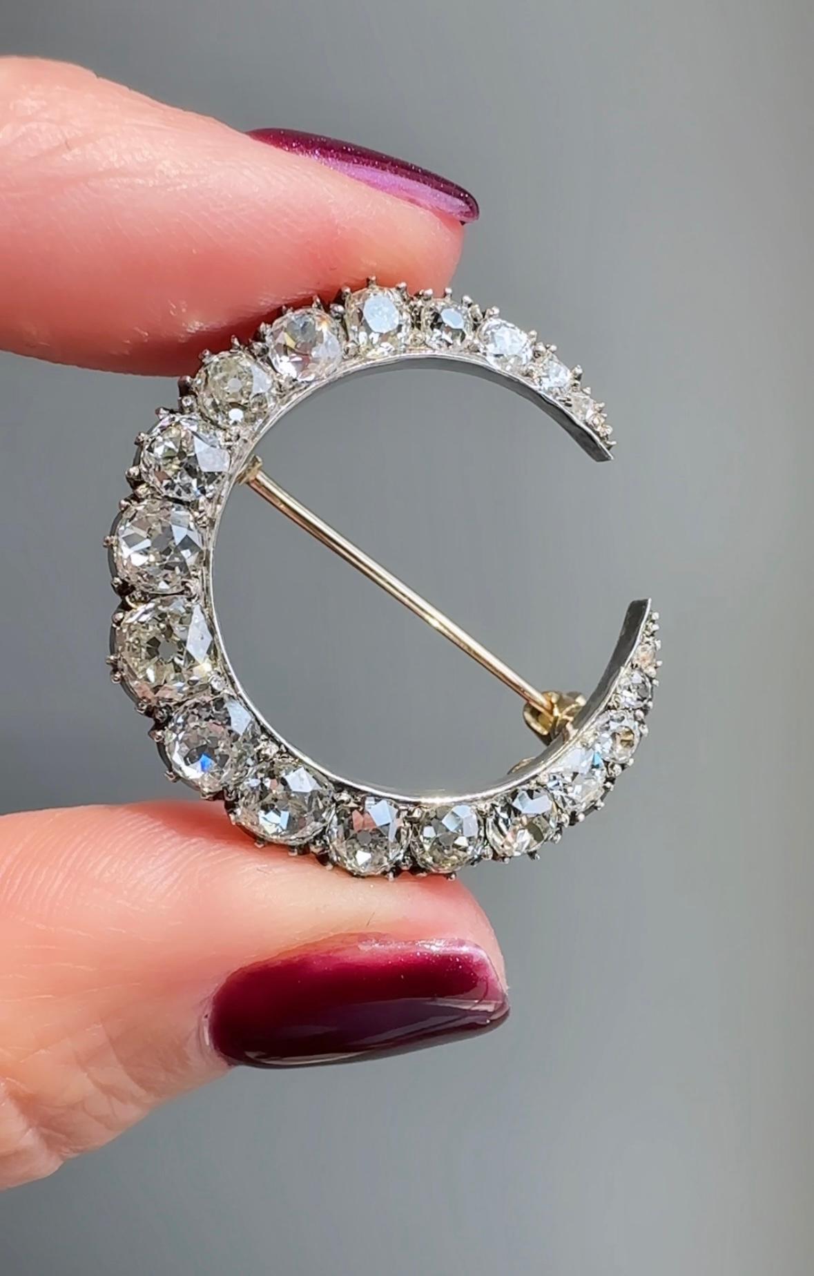Old Mine Cut Boxed Late 19th C Diamond Crescent Pendant Brooch For Sale