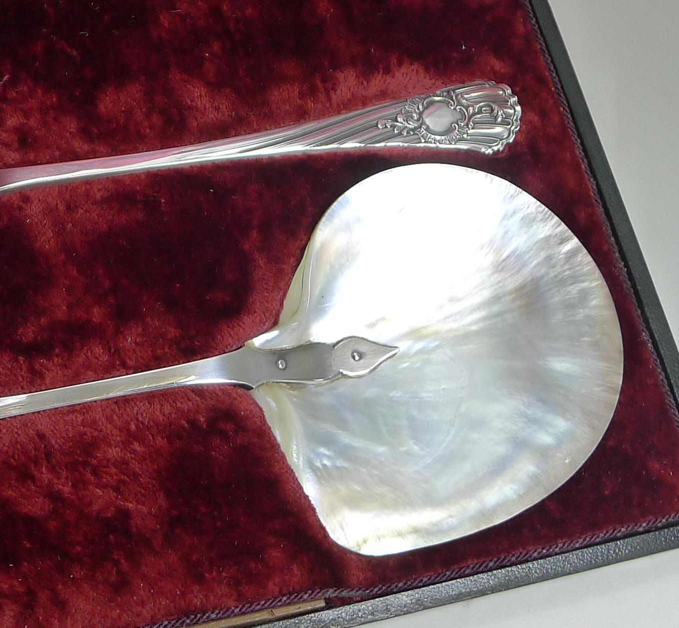 Boxed Pair of Antique English Caviar Serving Spoons by James Dixon, circa 1891 1