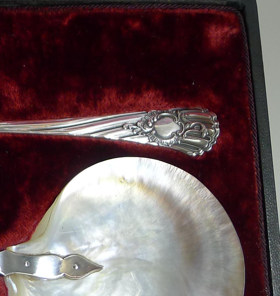 Silver Plate Boxed Pair of Antique English Caviar Serving Spoons by James Dixon, circa 1891
