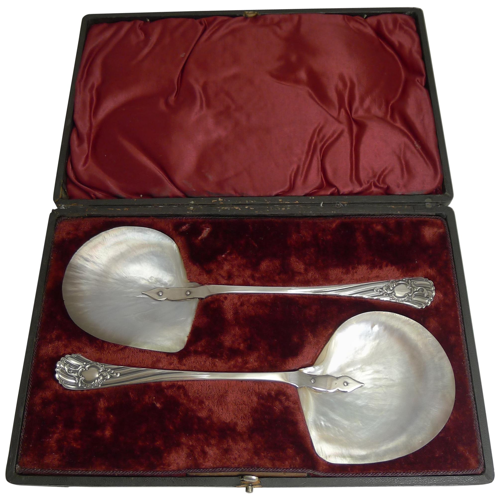 Boxed Pair of Antique English Caviar Serving Spoons by James Dixon, circa 1891