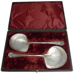 Boxed Pair of Antique English Caviar Serving Spoons by James Dixon, circa 1891