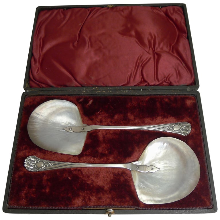 Boxed Pair of Antique English Caviar Serving Spoons by James Dixon
