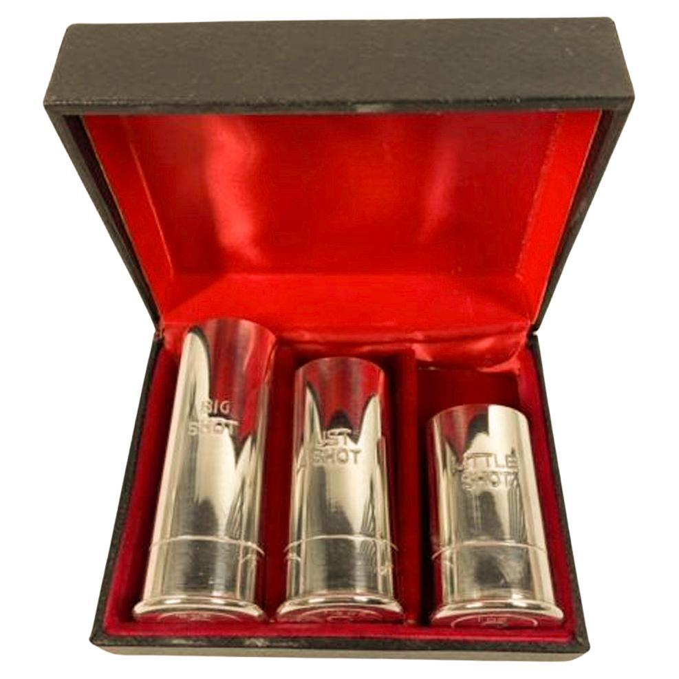 Boxed Set of 3 Silver Plate Shotgun Shell Spirit Measures, Israel Freeman & Son For Sale