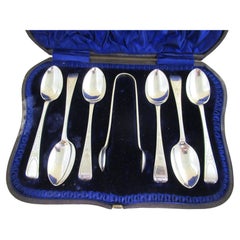Boxed Set of 6 Victorian Silver Teaspoons & Tongs - Hallmarked:- Sheffield 1898