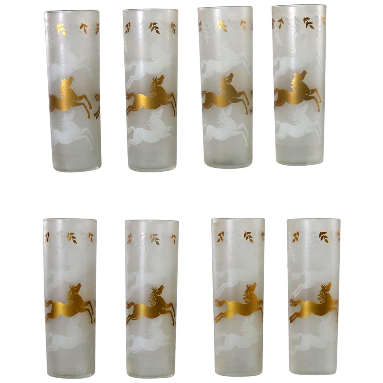Boxed Set of 8 MCM Libbey Cavalcade Galloping Horse Tom Collins Cocktail Glasses