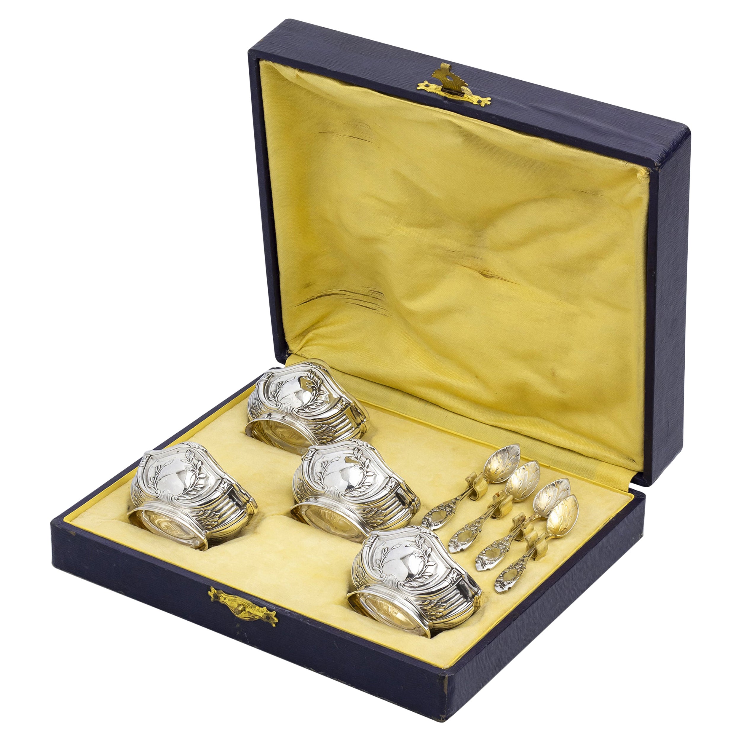 Boxed Set of Emile Puiforcat Silver Salt Cellars with Spoons