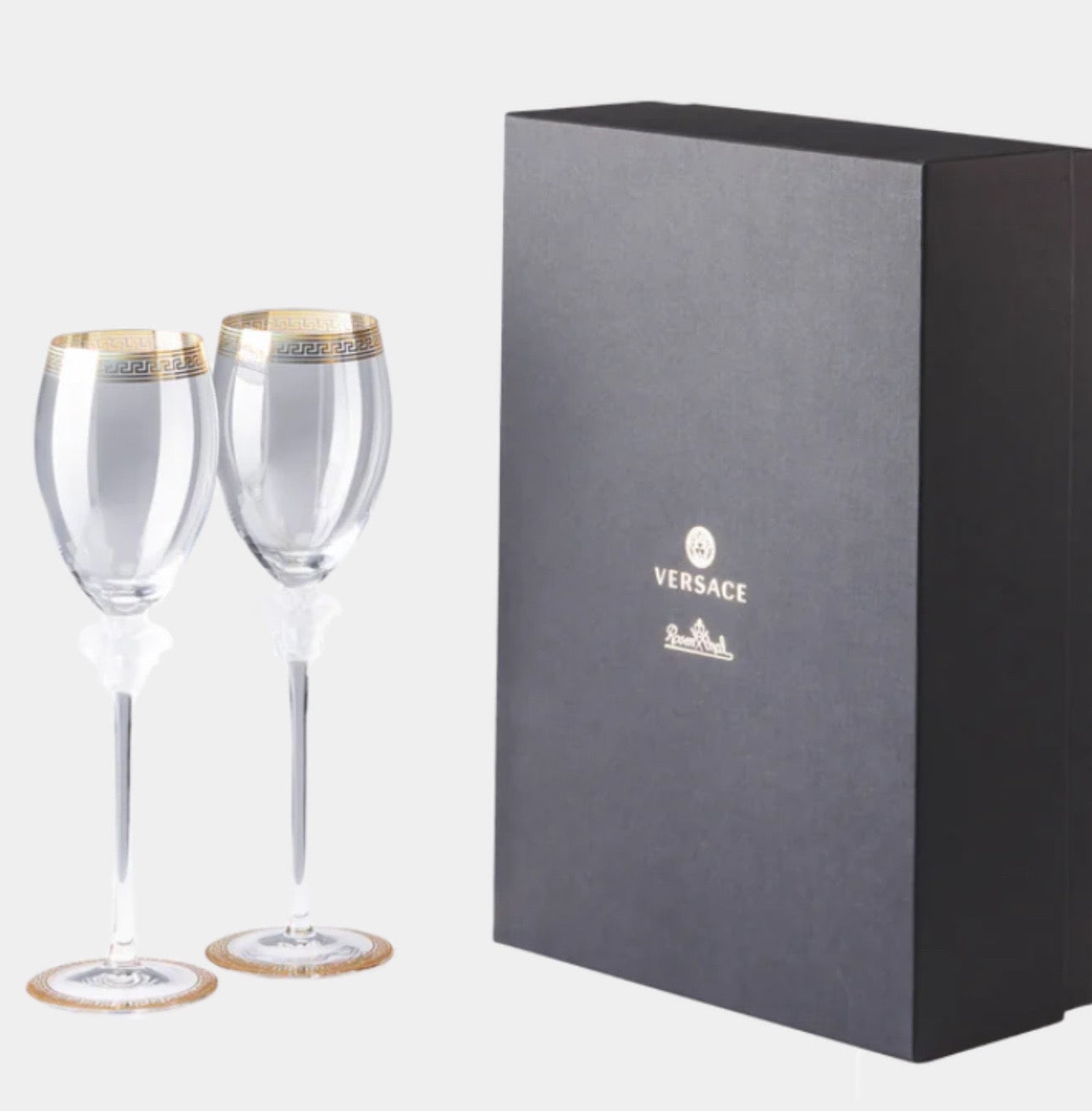 Boxed Set of Four Crystal Medusa D'Or Studio-Line White Wine Glasses by Versace For Sale 7
