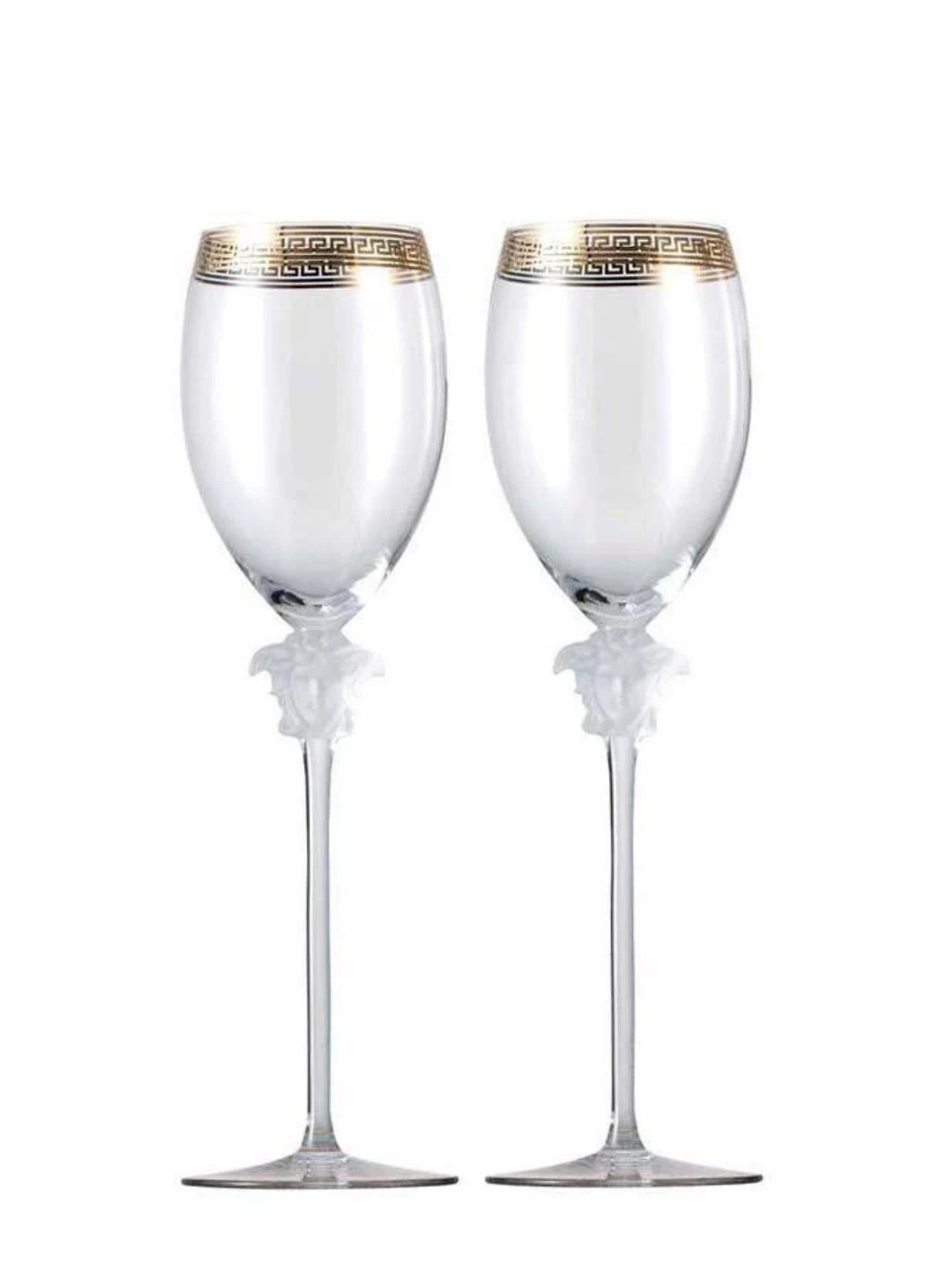 Greek Revival Boxed Set of Four Crystal Medusa D'Or Studio-Line White Wine Glasses by Versace For Sale