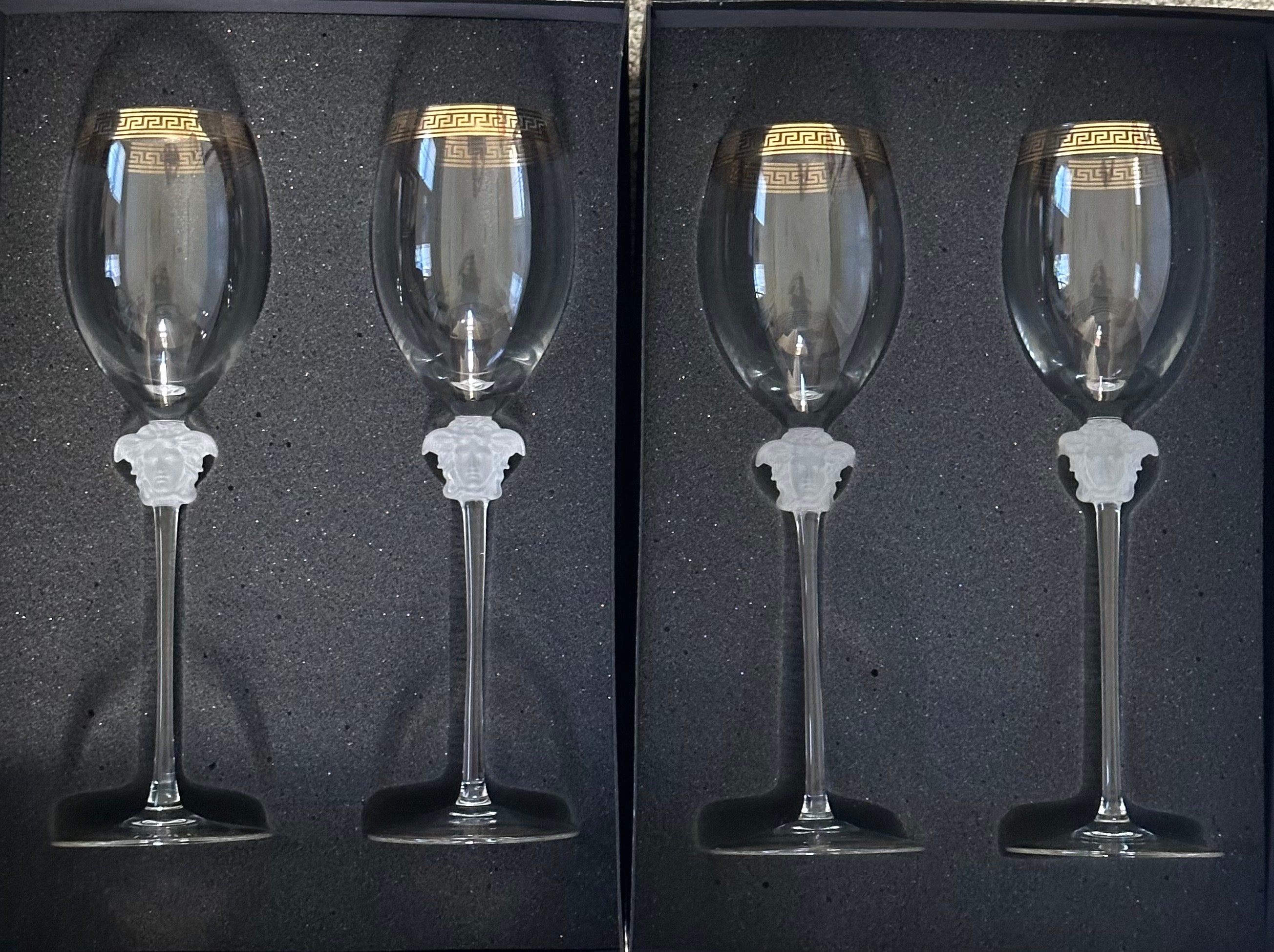 German Boxed Set of Four Crystal Medusa D'Or Studio-Line White Wine Glasses by Versace For Sale
