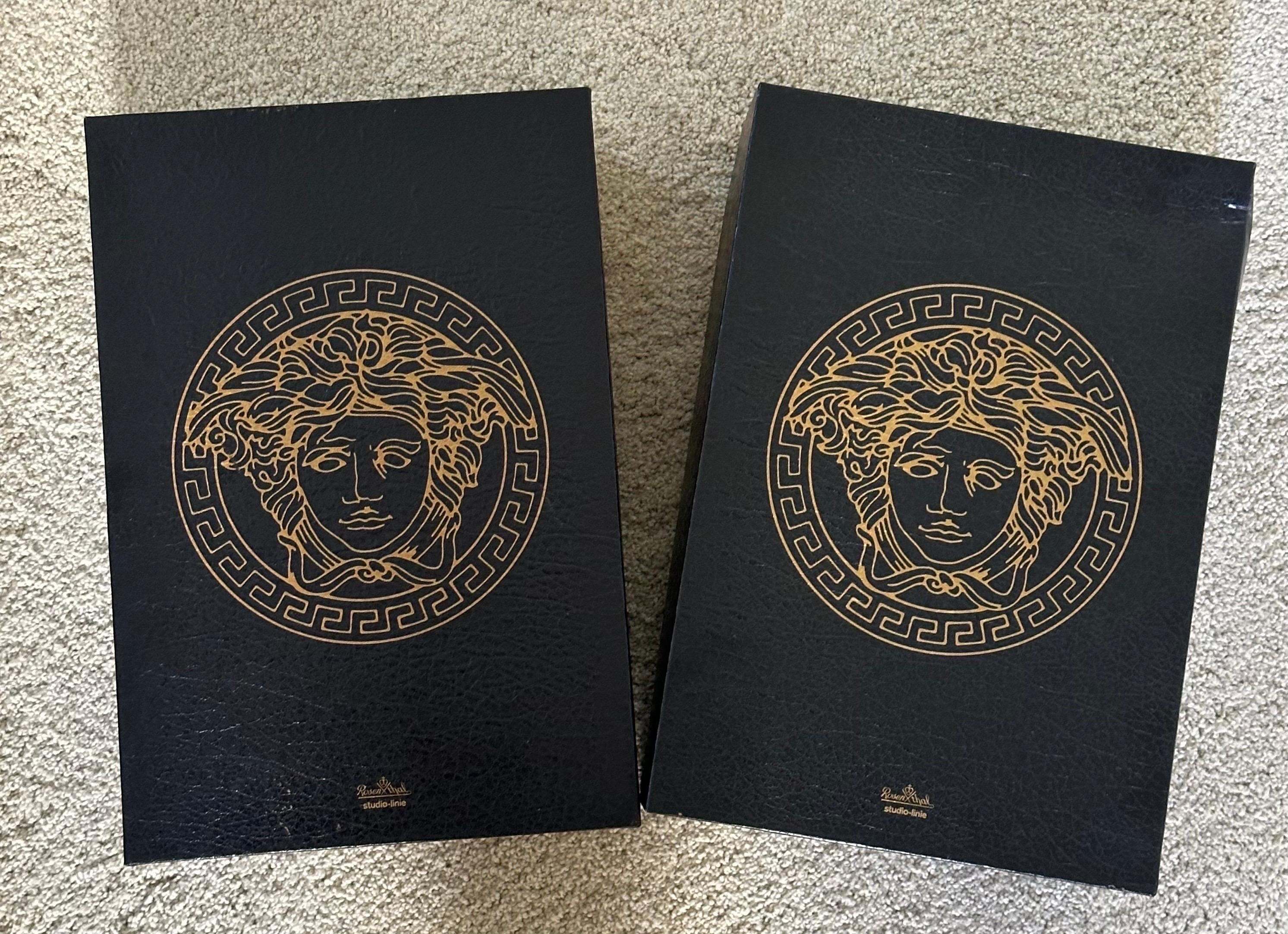 Boxed Set of Four Crystal Medusa D'Or Studio-Line White Wine Glasses by Versace For Sale 2
