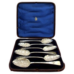Antique Boxed Set of Six Dessert or Fruit Serving Spoons
