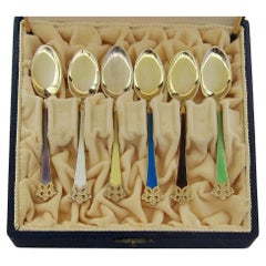 Boxed Sterling Silver Gilt and Enamel Spoon Set from Theodor Olsens of Norway