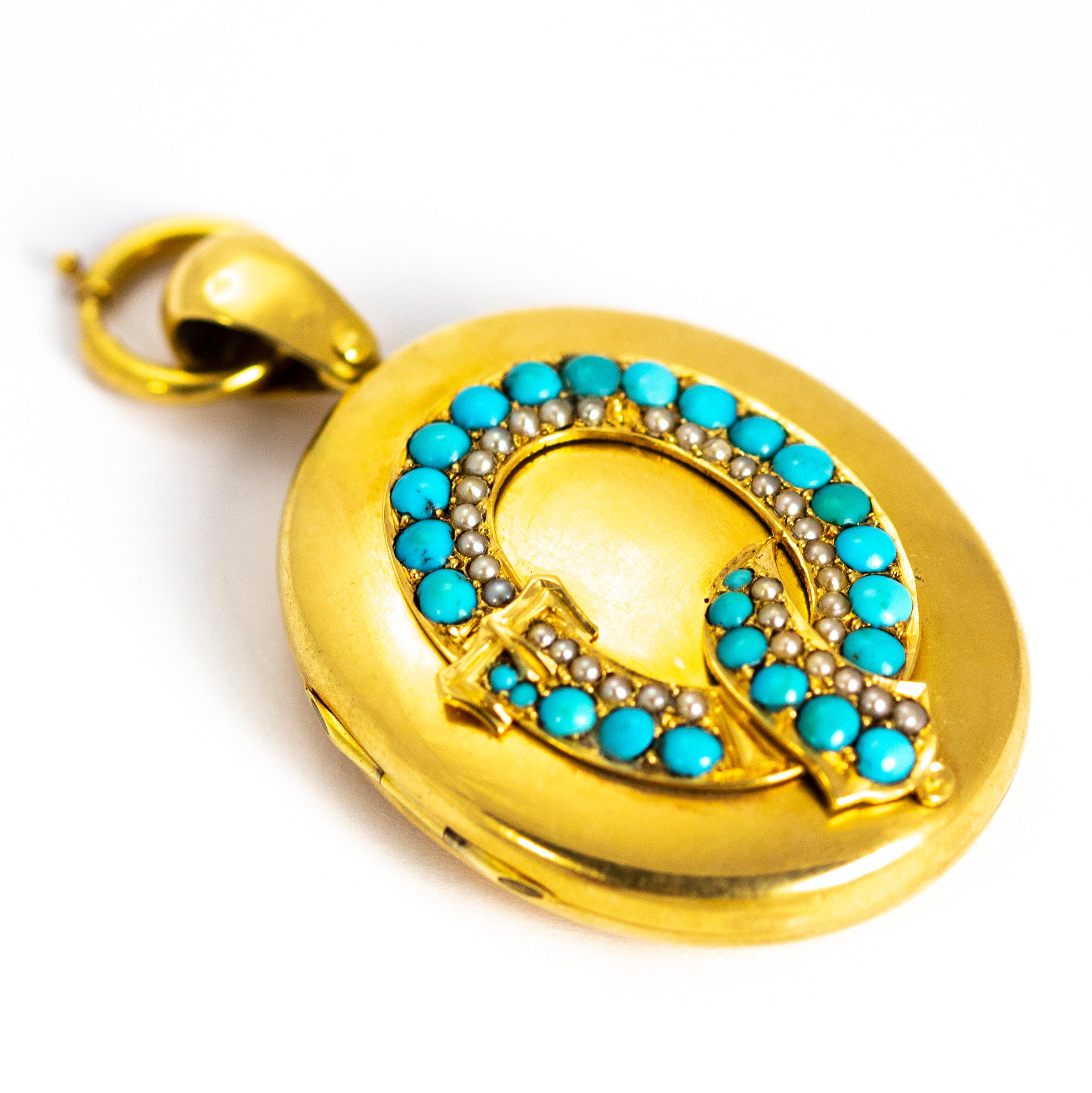 Boxed Victorian 14 Carat Gold Collar and Turquoise and Pearl Locket In Good Condition In Chipping Campden, GB