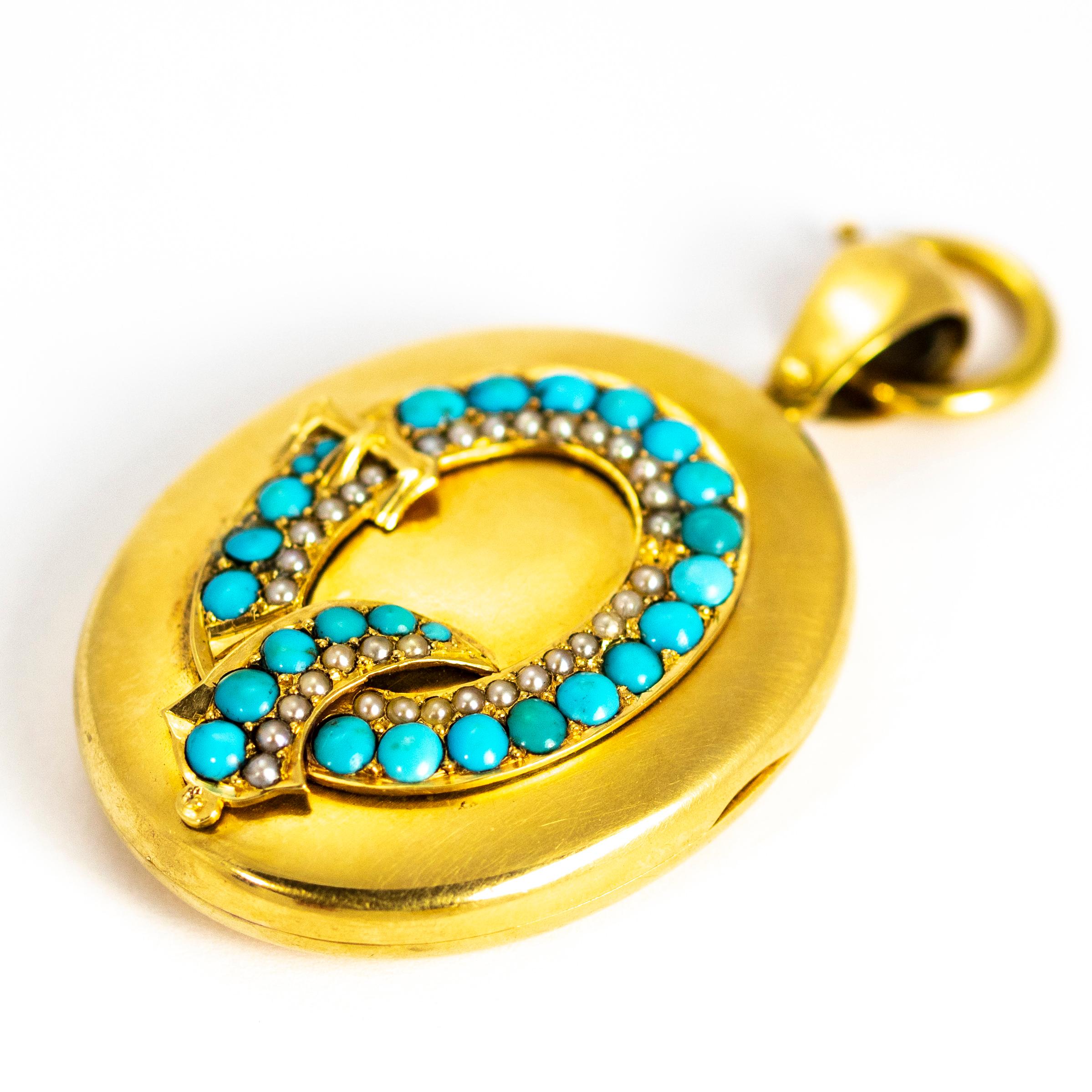 Boxed Victorian 14 Carat Gold Collar and Turquoise and Pearl Locket 1
